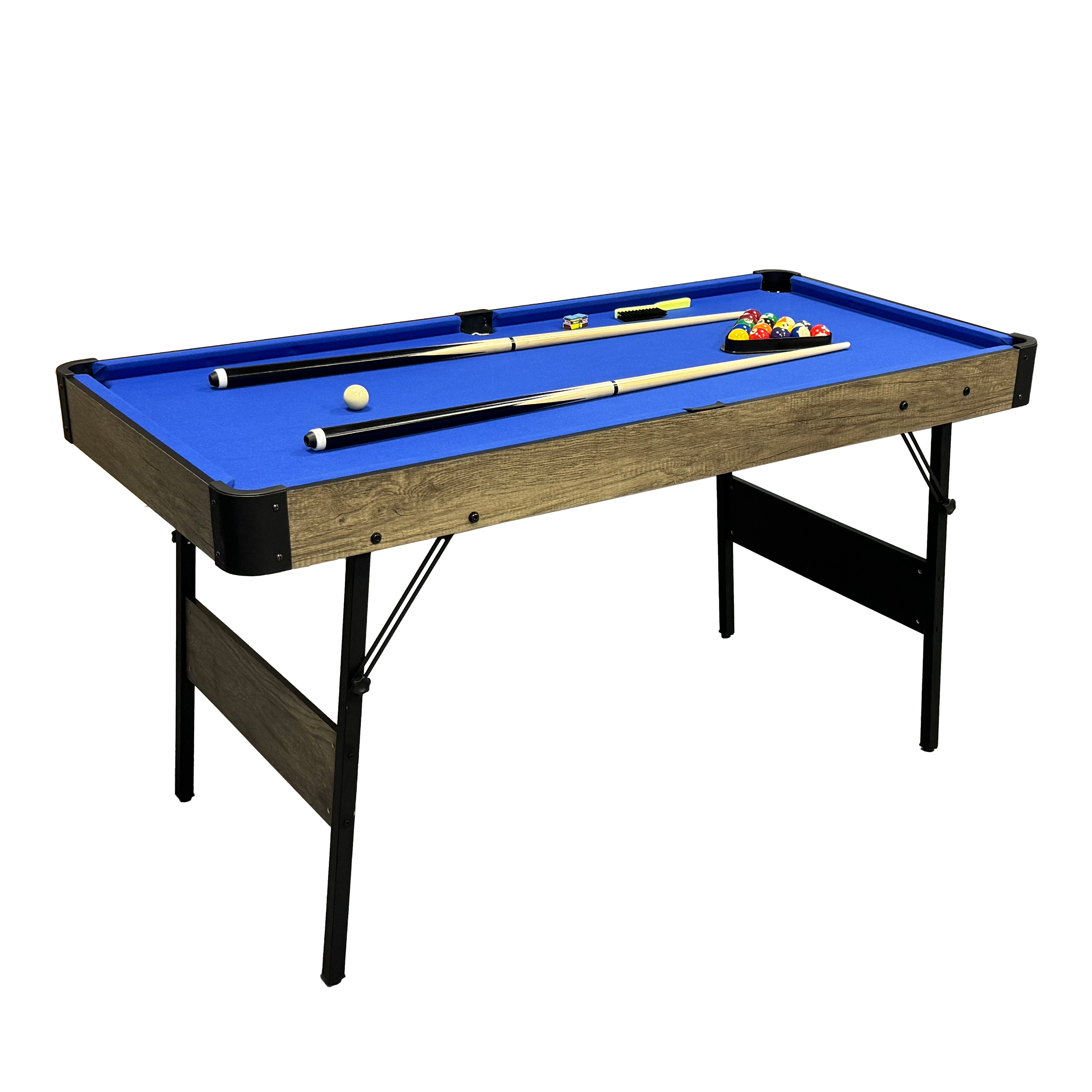 Ein kleiner Billardtisch mit blauer Filzoberfläche. Er hat Kugeln, Queues und ein Klappgestell.