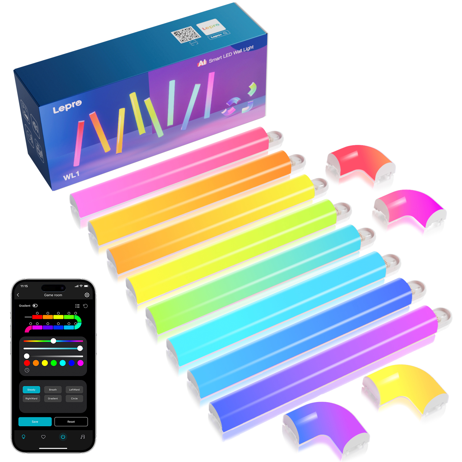 Ein Satz farbiger LED-Wandleuchten mit Steuerbox und Smartphone-App-Oberfläche.