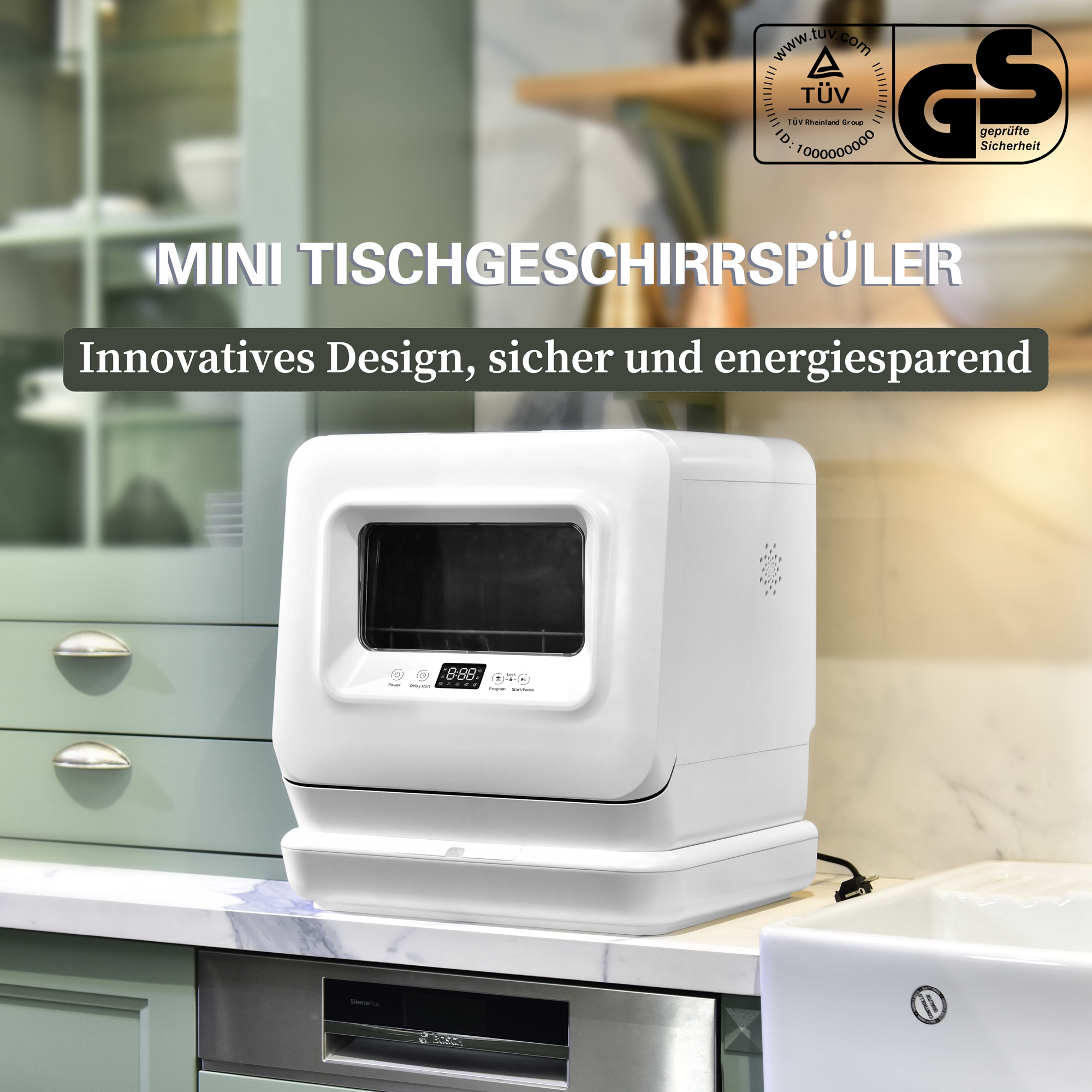 Weißer Mini-Geschirrspüler auf einer Arbeitsplatte mit deutschem Text: Mini Tischgeschirrspüler.
