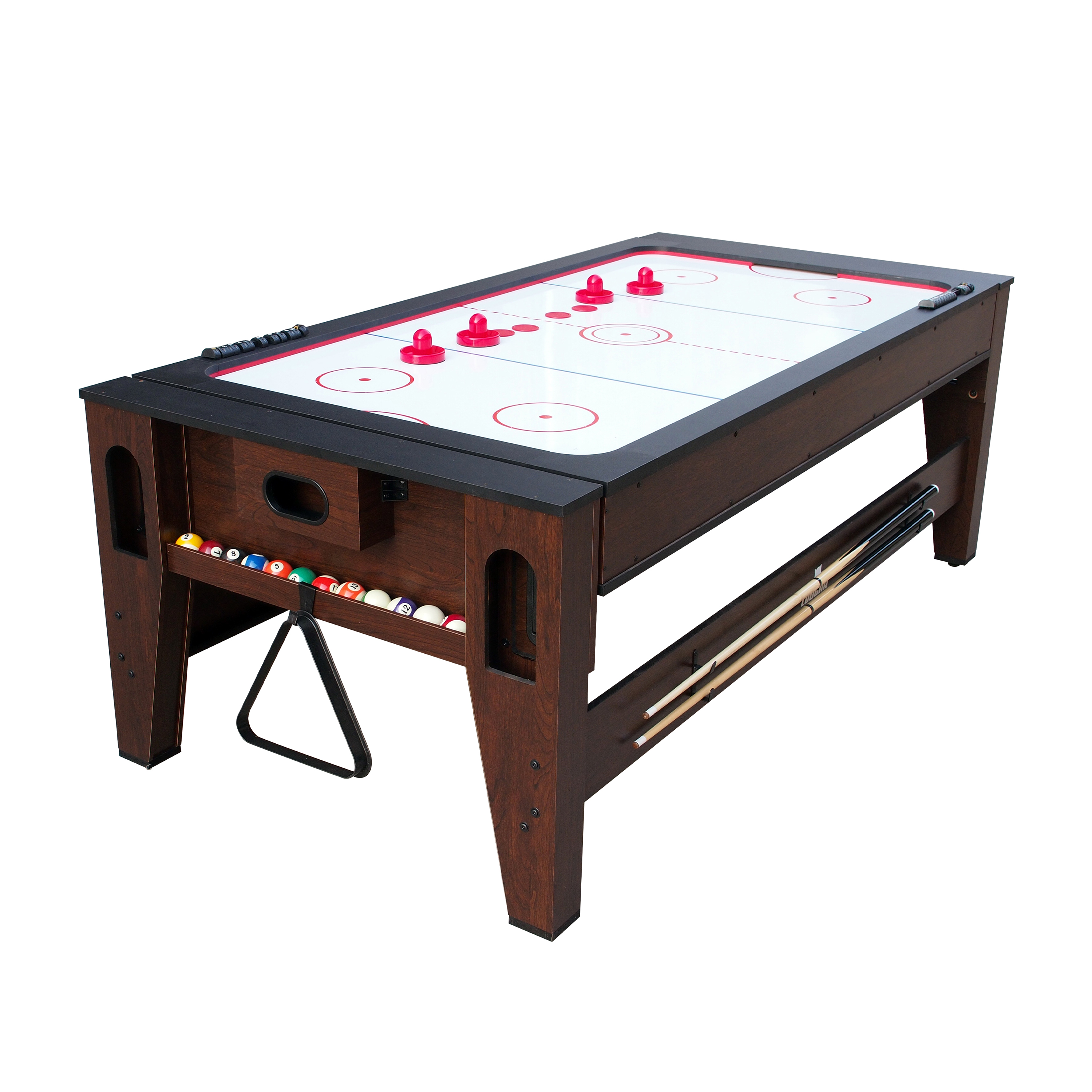 Ein hölzerner Multi-Game-Tisch mit Airhockey- und Pool-Funktionen. Pucks, Queues und Bälle sind sichtbar.