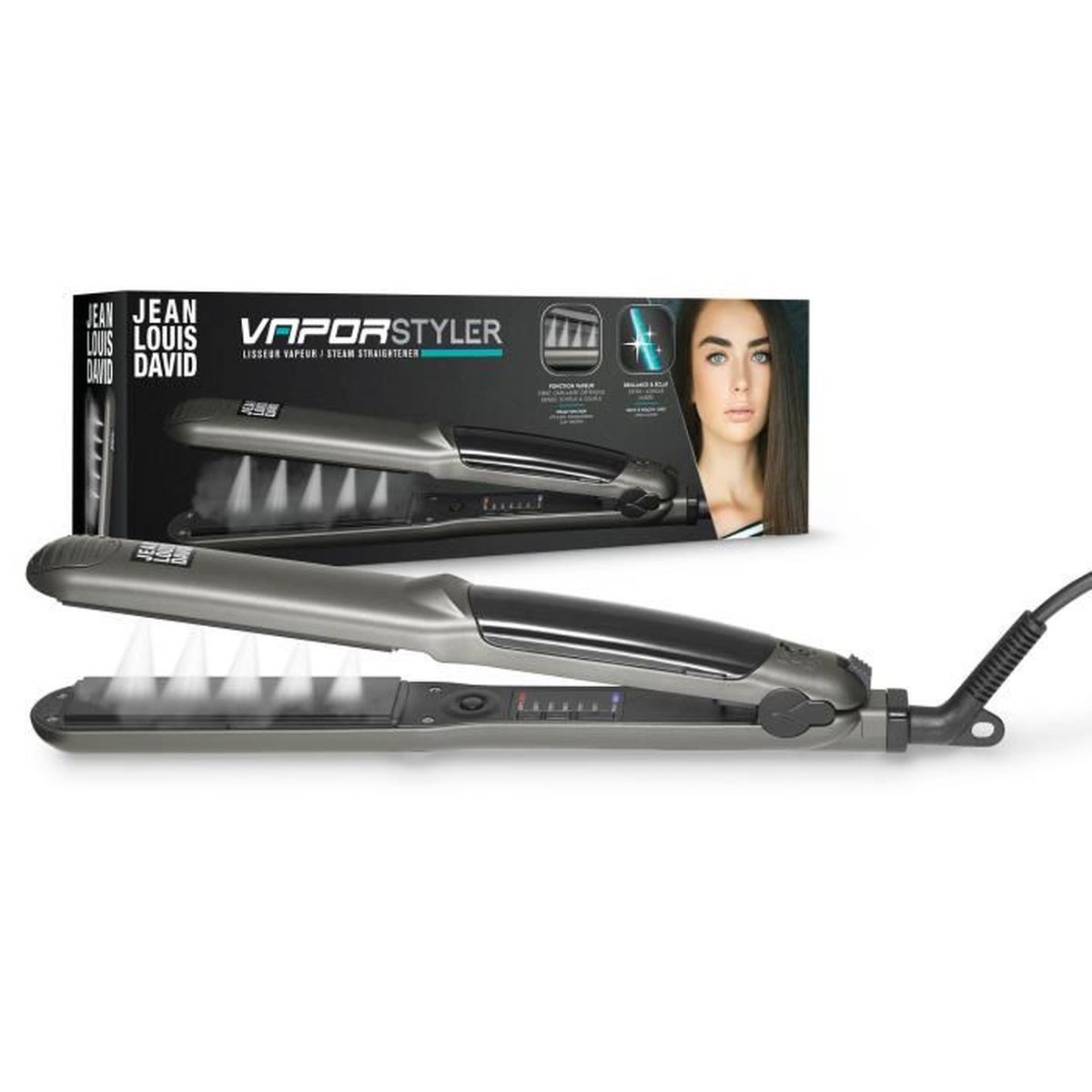 Ein Haarglätter und seine Box, mit einem Frauengesicht, auf weißem Hintergrund.