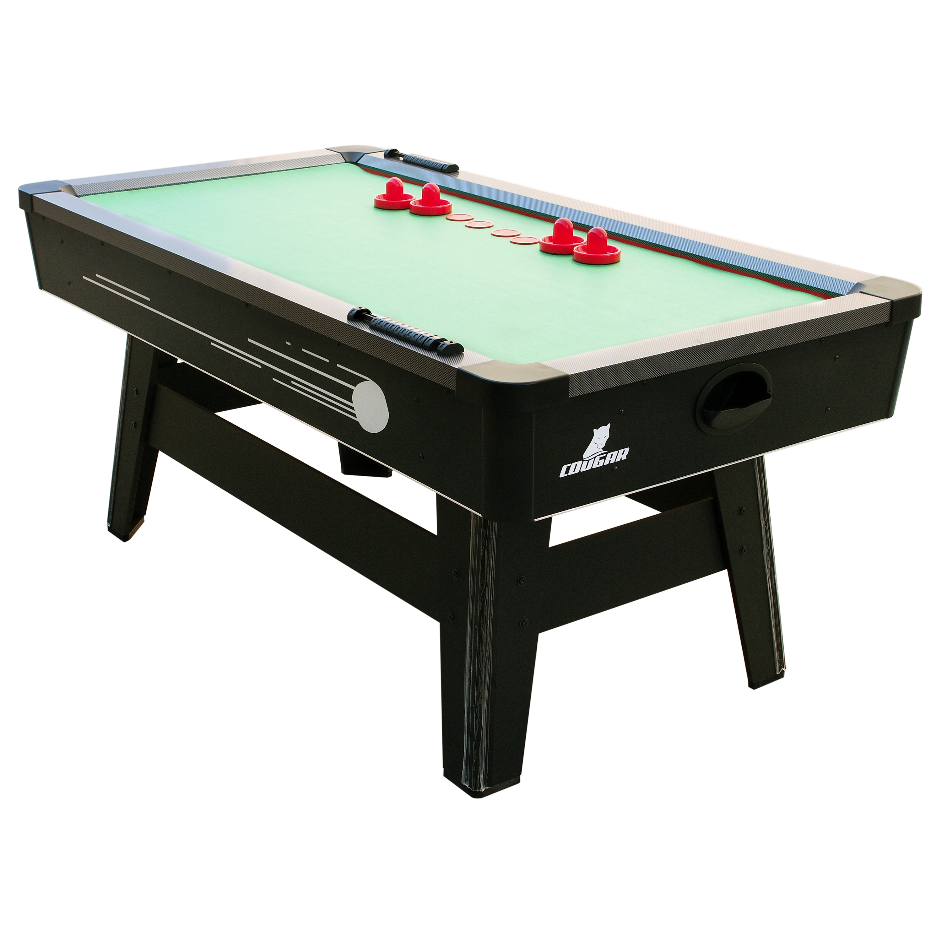 Airhockey-Tisch mit roten Pucks, grüner Oberfläche und schwarzem Rahmen, auf weiß.