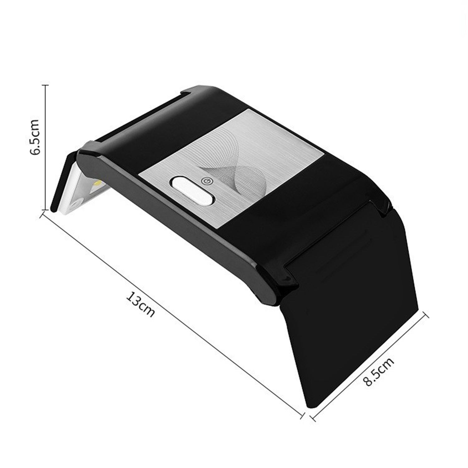 Schwarzes Gerät mit den Abmessungen 13 cm x 8,5 cm x 6,5 cm.
