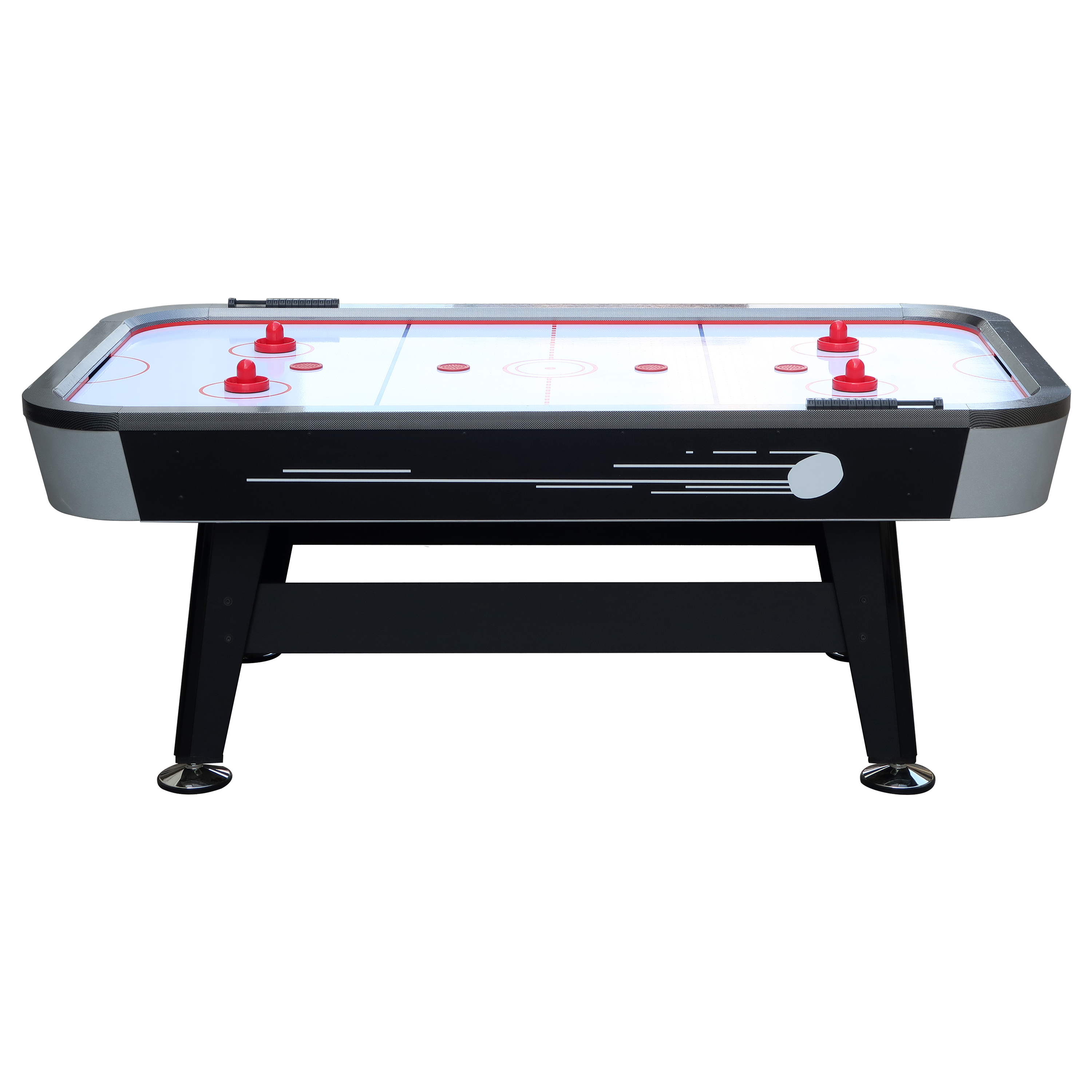 Ein Airhockey-Tisch mit schwarzen Beinen und einer weißen Spielfläche. Rote Pucks und Schläger sind sichtbar.