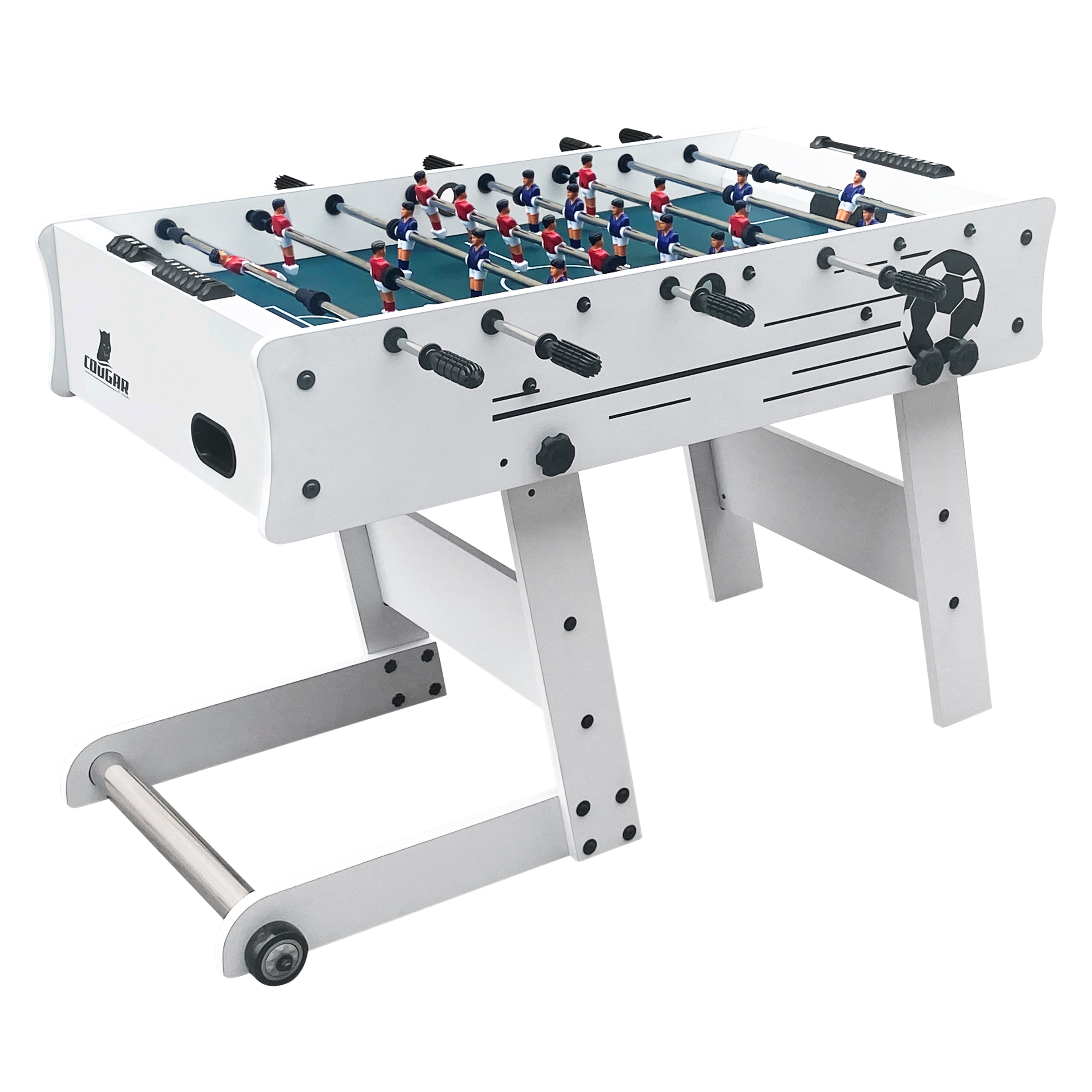 Weißer Tischfußballtisch mit Spielern in Rot und Blau, schwarzen Griffen und einer Metallstange.