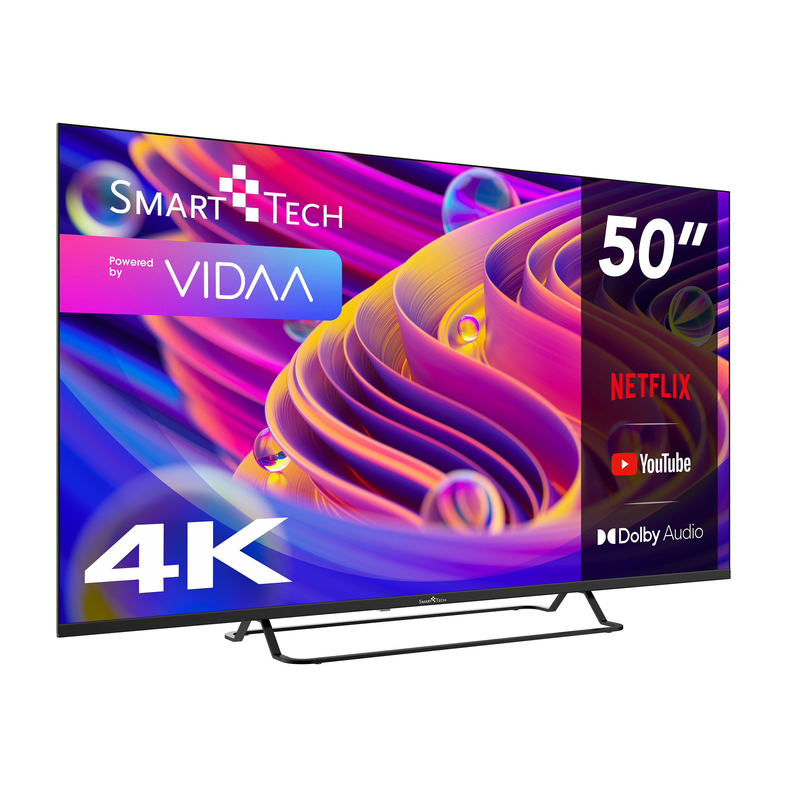 Ein 50-Zoll Smart Tech TV mit gebogenem Bildschirm, der Netflix, YouTube und 4K anzeigt.