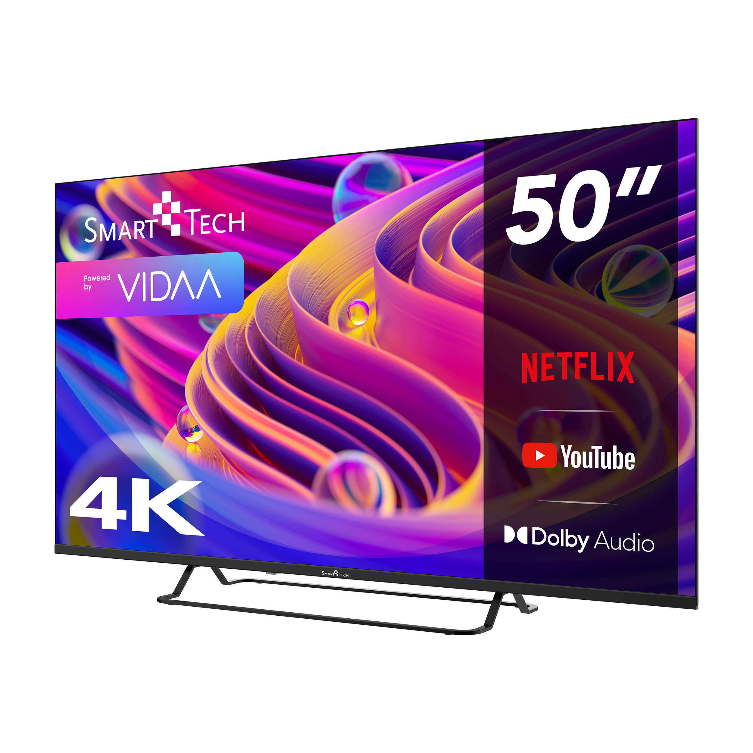 50-Zoll Smart Tech TV mit buntem abstraktem Bild und Vidda-, Netflix-, YouTube-Logos.