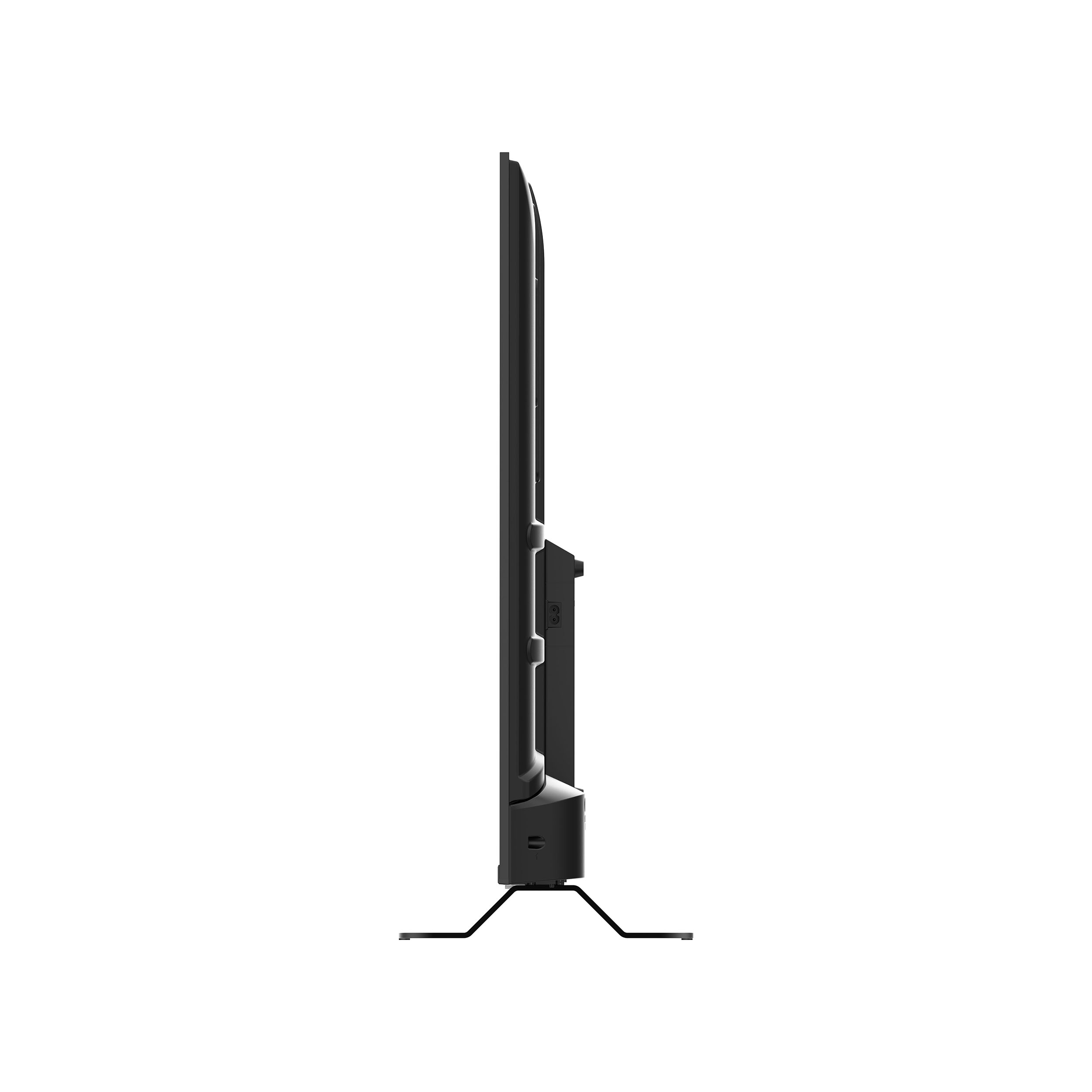 Ein schlanker, schwarzer Fernseher von der Seite gesehen, steht auf einer weißen Oberfläche. Der Hintergrund ist weiß.