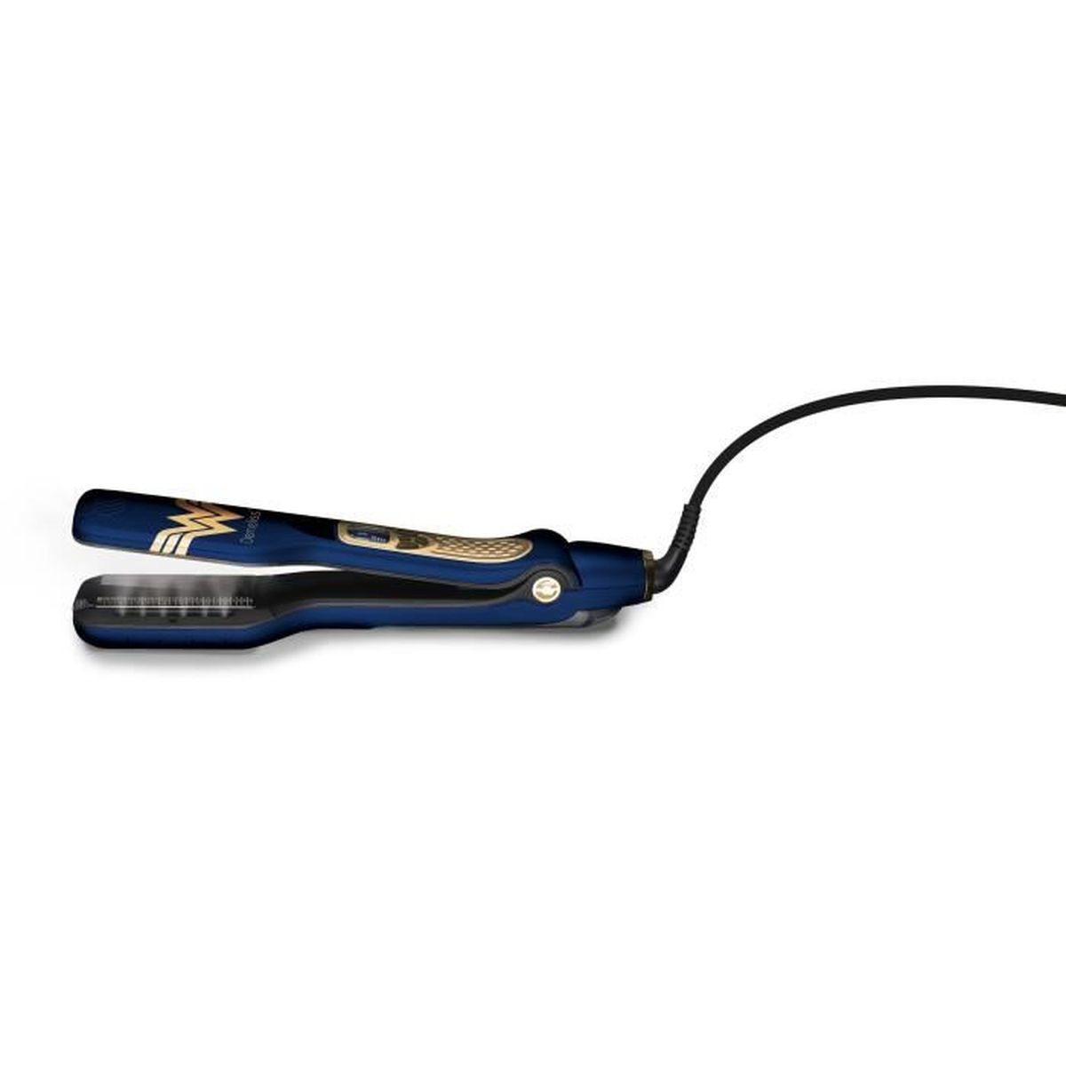 Una piastra per capelli blu e oro con cavo nero. Sfondo bianco.