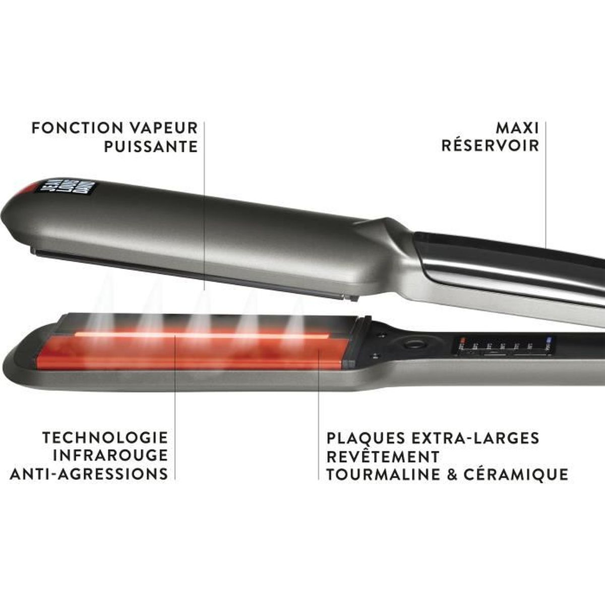 Ein silbernes und schwarzes Glätteisen mit hervorgehobenem Text. Der Text enthält 'Infrarot-Technologie' und 'Turmalin & Keramik'.
