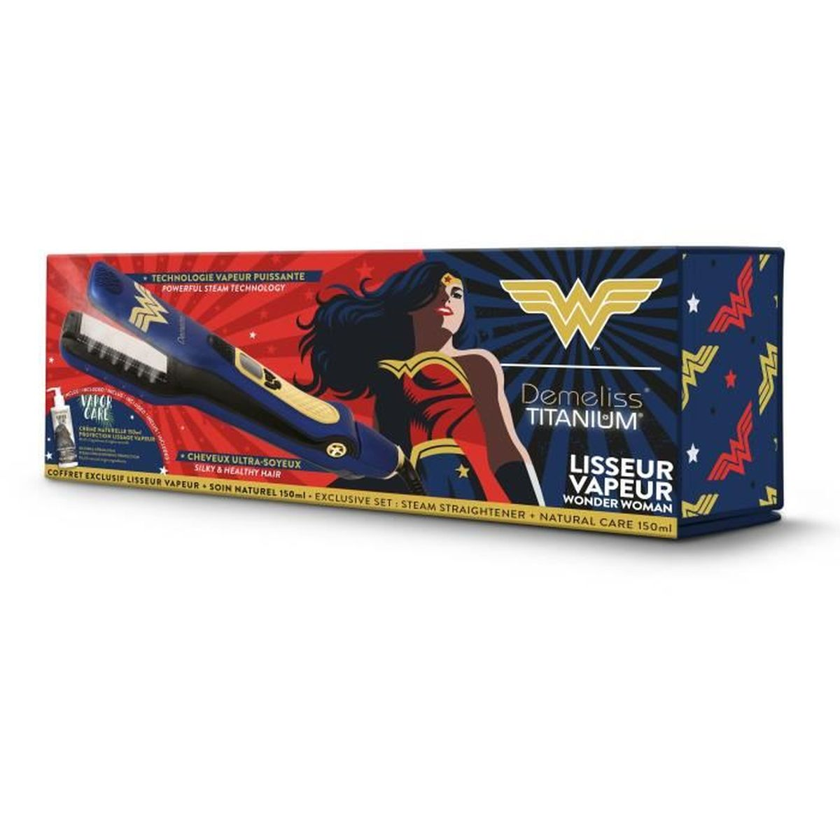 Una scatola con Wonder Woman, una piastra a vapore e il marchio Demeliss Titanium.