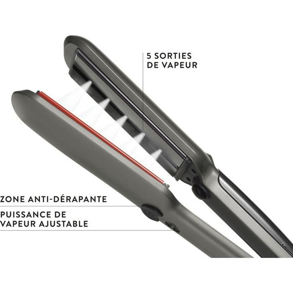 Ein grauer Haarglätter mit roten Heizplatten und Dampfauslässen.