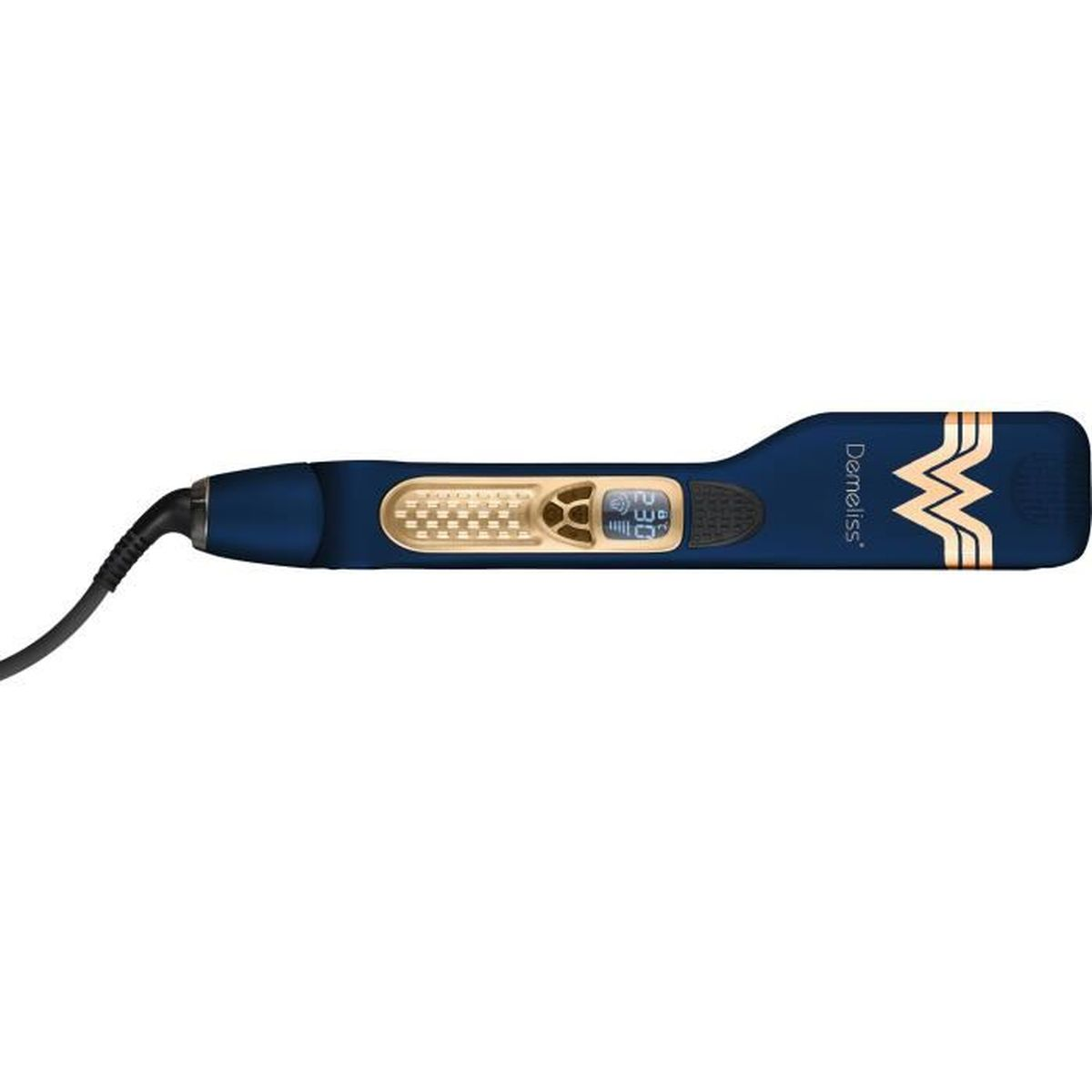 Piastra per capelli blu e oro con display digitale.