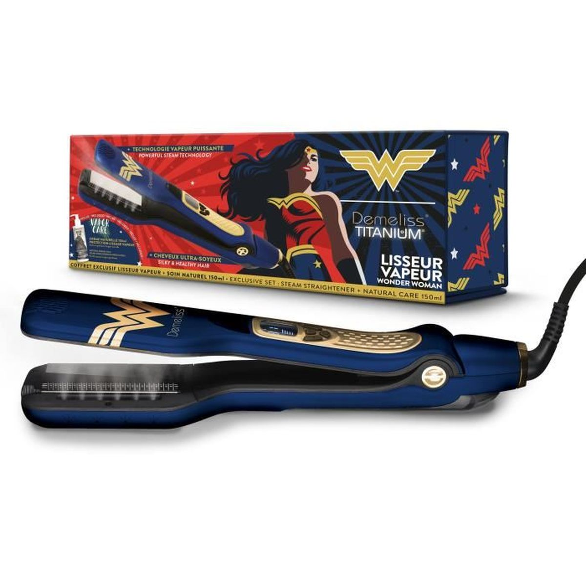 Una piastra per capelli blu con marchio Wonder Woman e la confezione.