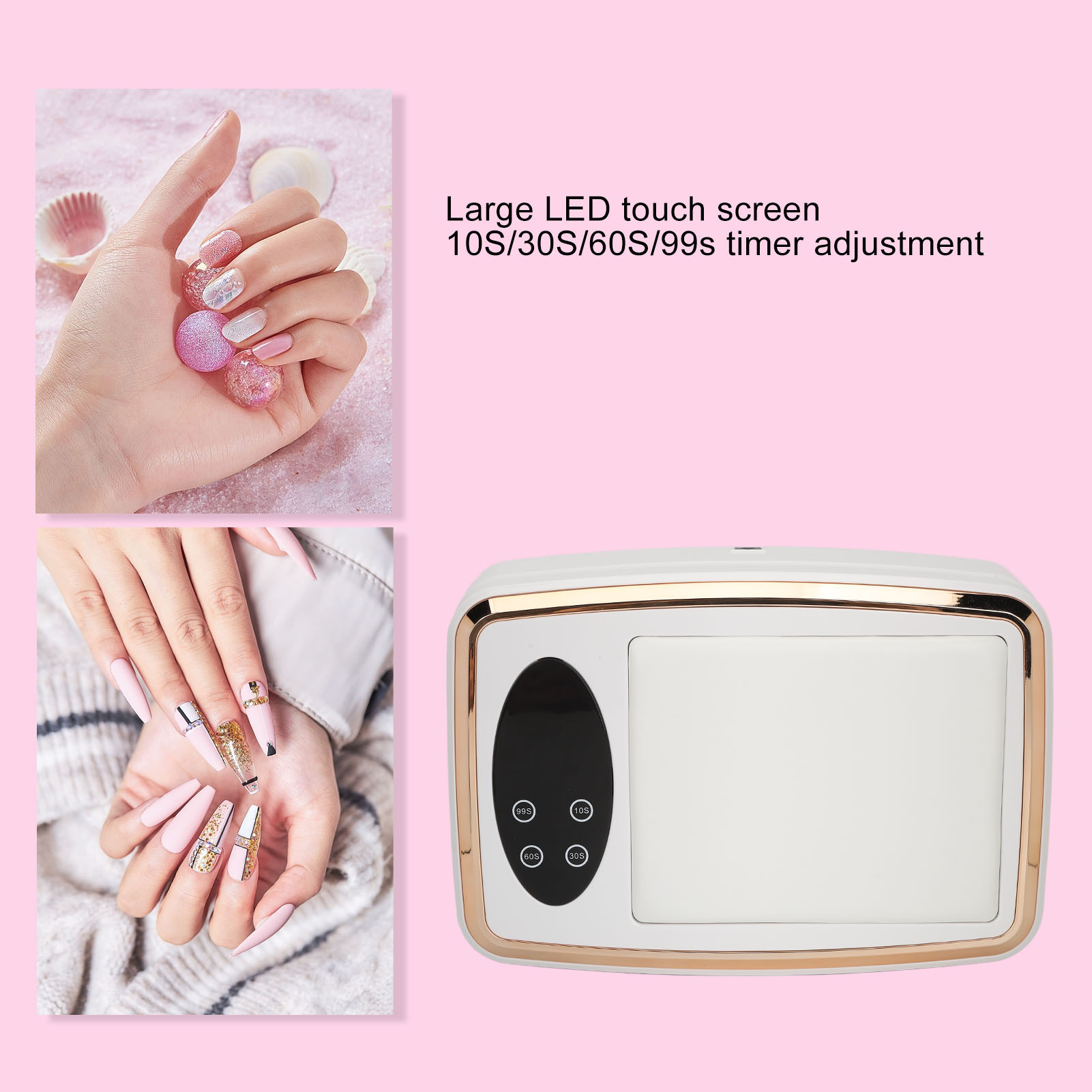 Nagelkunst und ein weißes und goldenes Nageltrocknungsgerät. Rosa Hintergrund. Touchscreen.