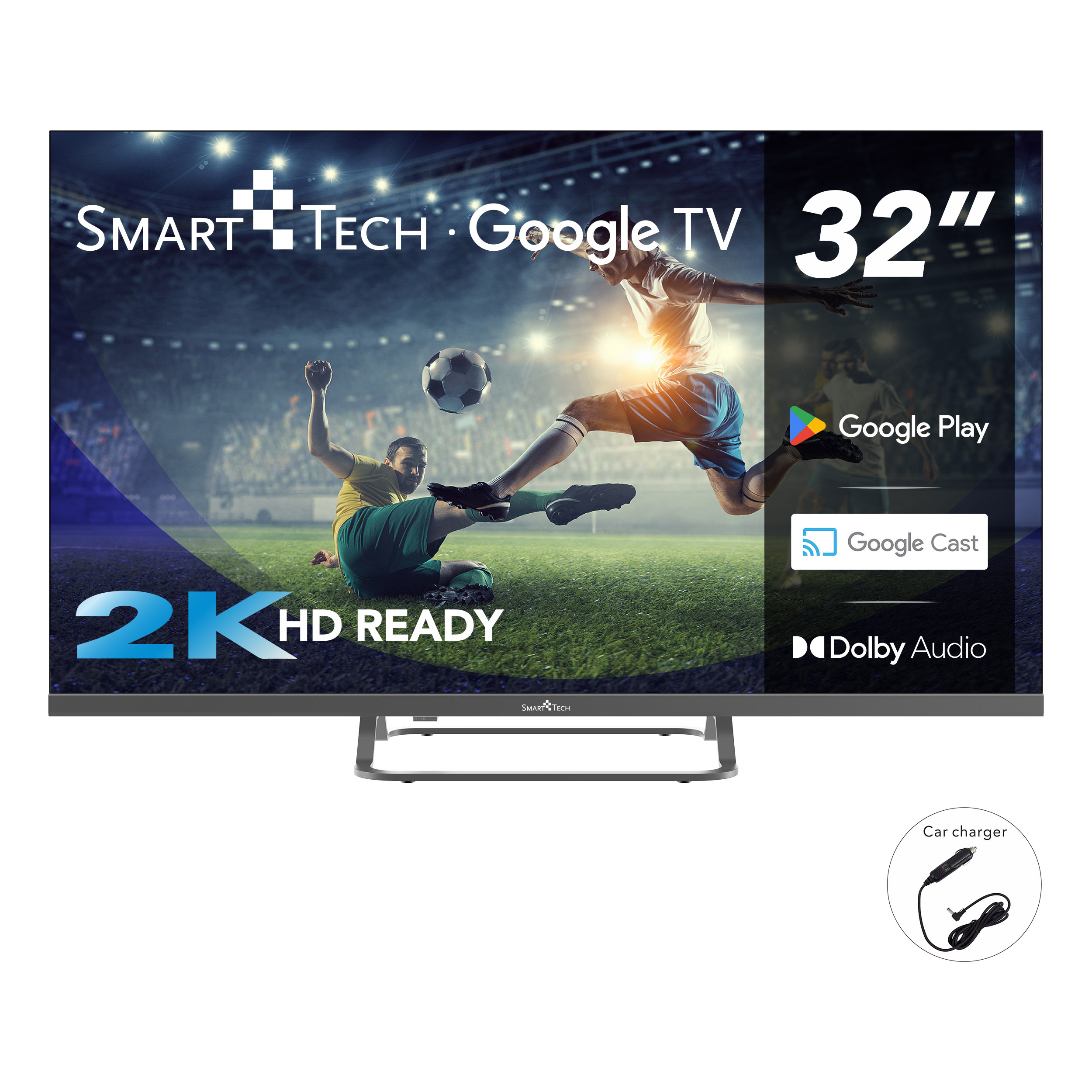 Un Smart Tech Google TV da 32" con una scena di gioco di calcio e loghi Google Play.