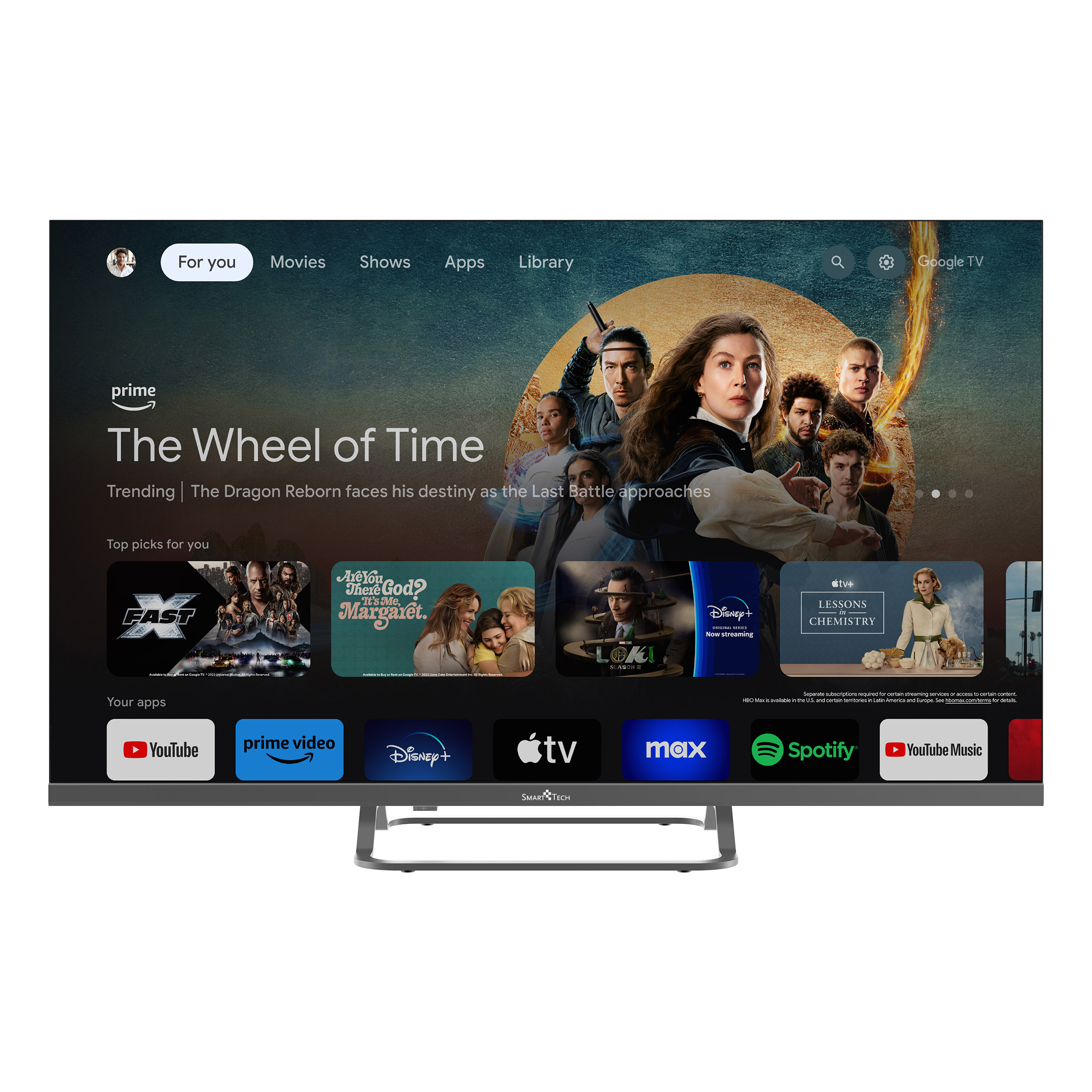 Uno schermo TV che mostra l'app Prime Video e contenuti come "The Wheel of Time".