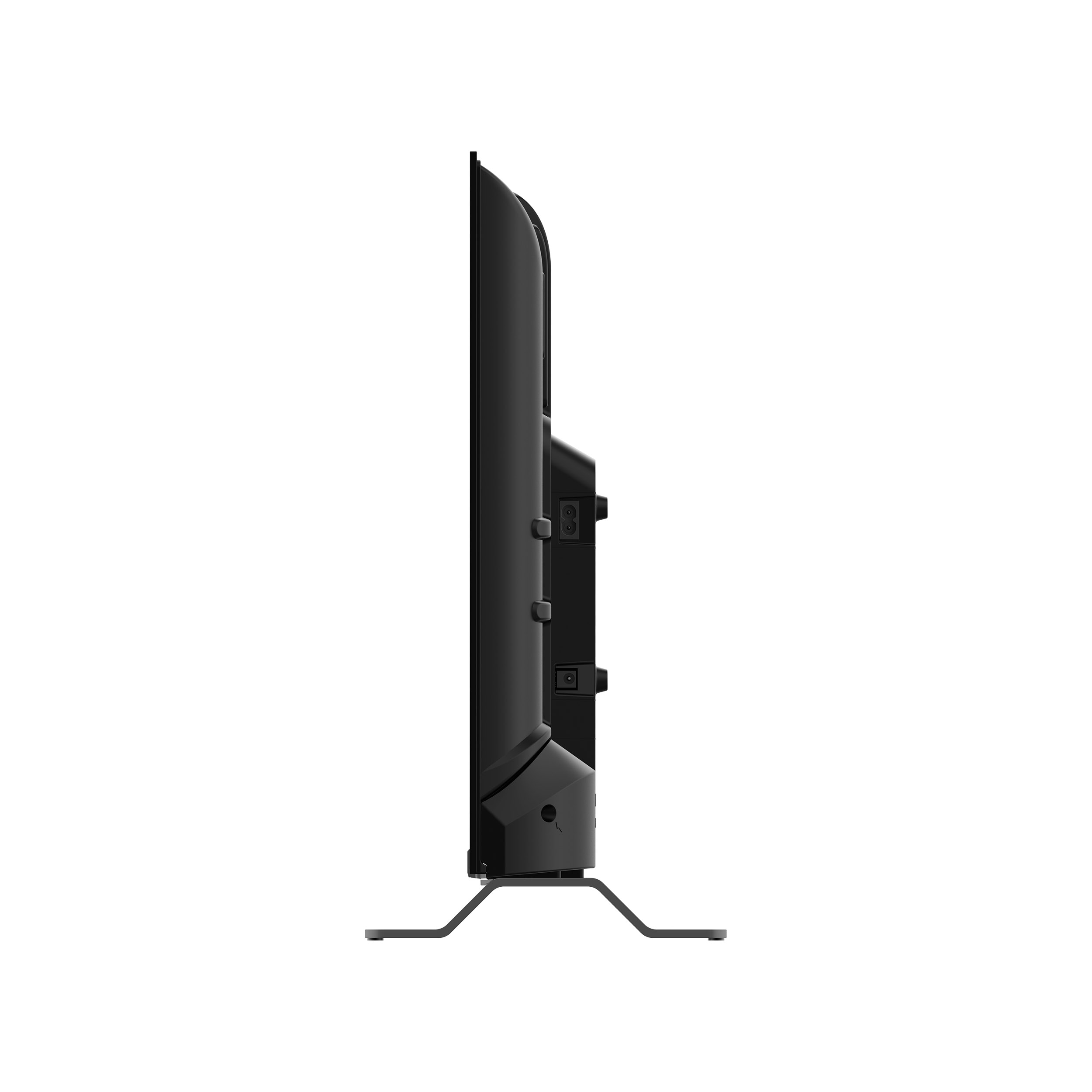 Vista laterale di una TV a schermo piatto nera su un supporto. Sfondo bianco.