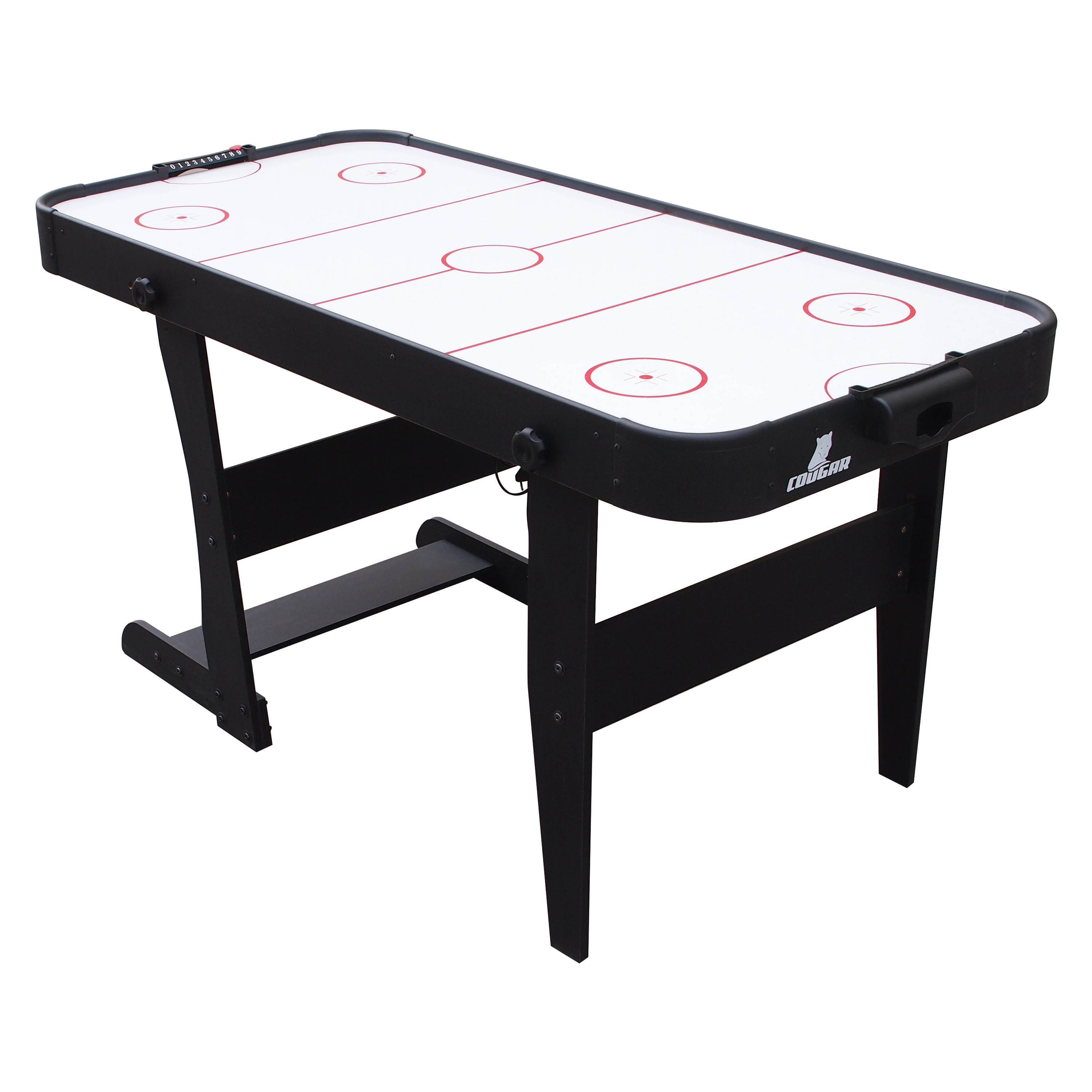 Airhockey-Tisch, schwarz und weiß. Mit Spielfläche und Toren.