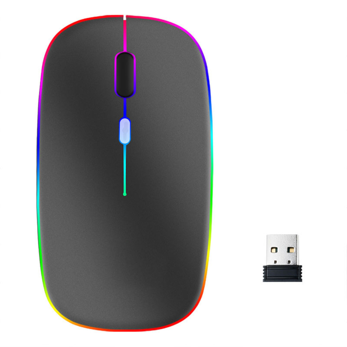 Czarna mysz bezprzewodowa z tęczową krawędzią i odbiornikiem USB obok.