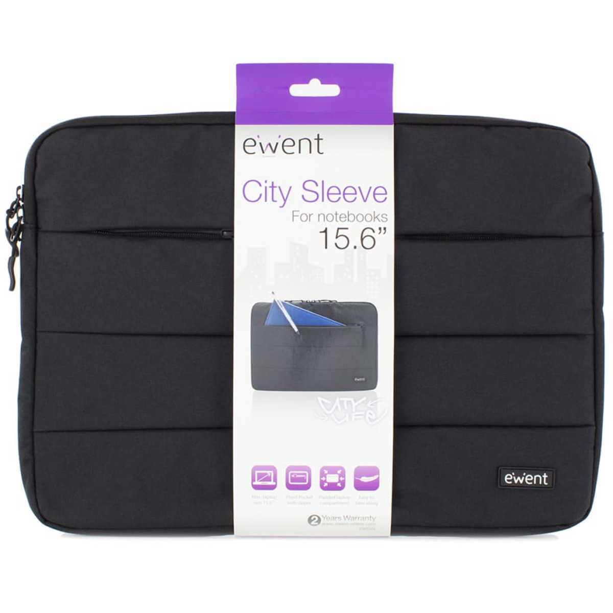 Schwarze Laptoptasche mit weißem Etikett, das den Markennamen und Produktnamen zeigt.