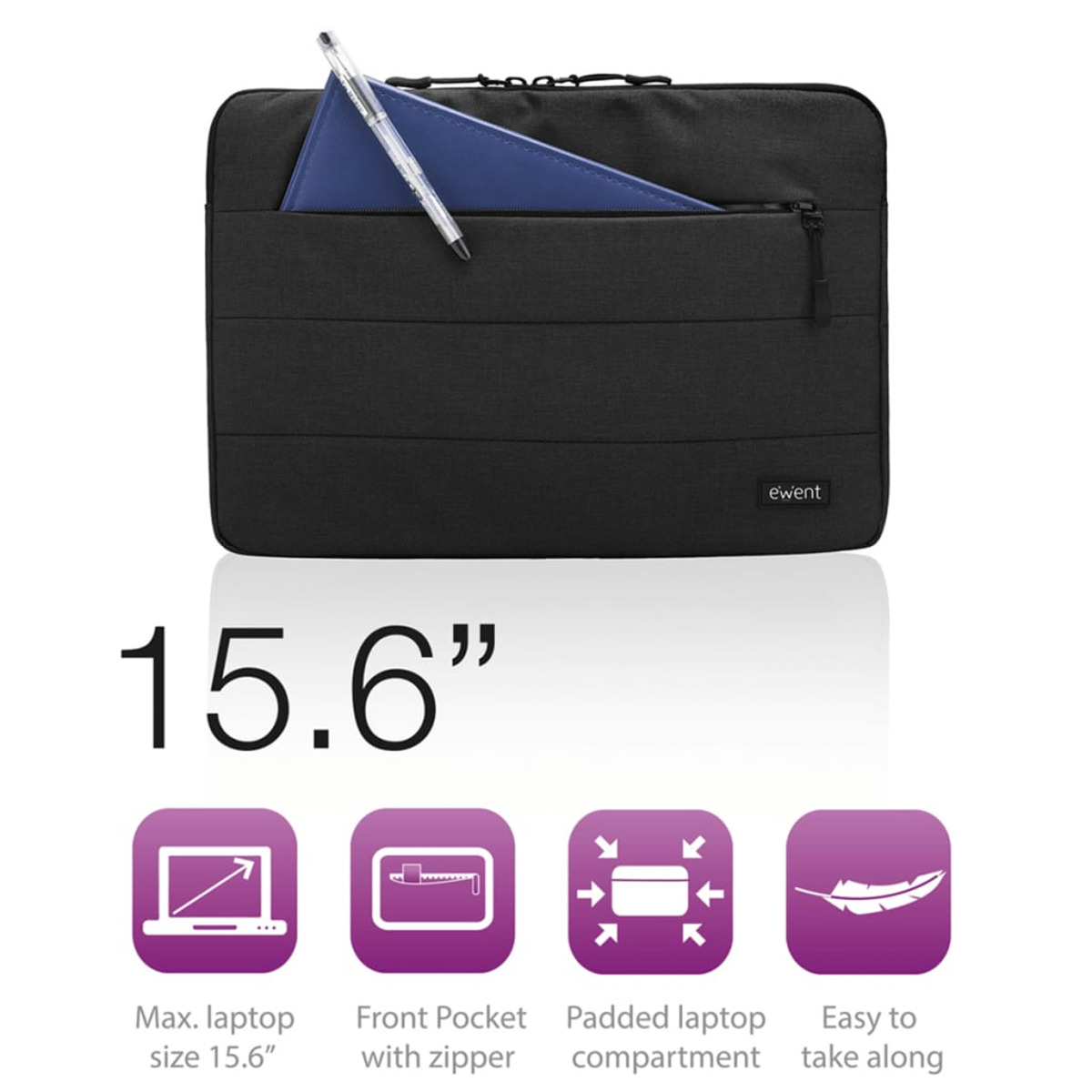 Schwarze Laptoptasche mit blauem Notizblock und Stift. Symbole: Laptop, Tasche, gepolstert, einfach.