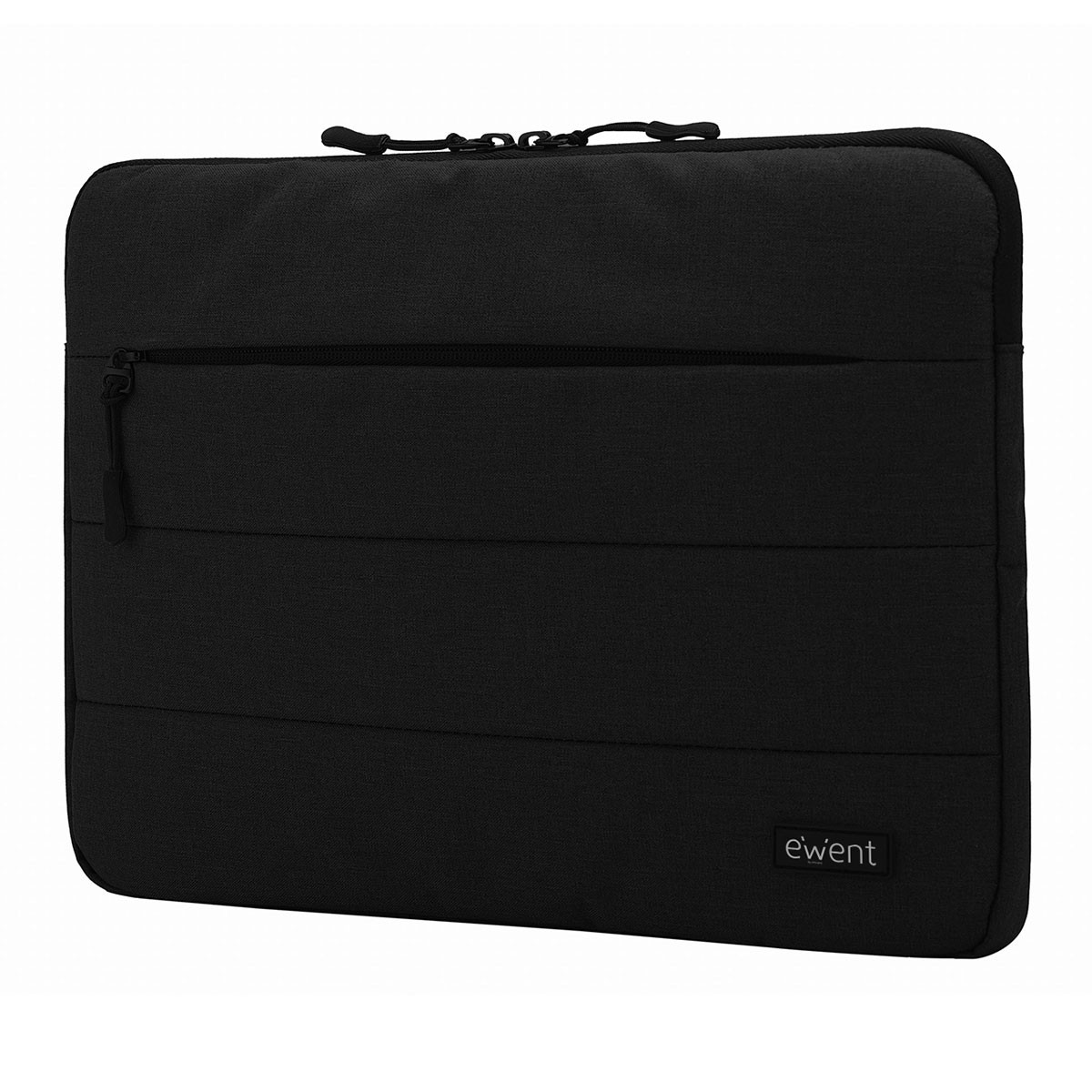 Schwarze Laptop-Hülle mit Reißverschluss. Kleines Logo unten rechts.