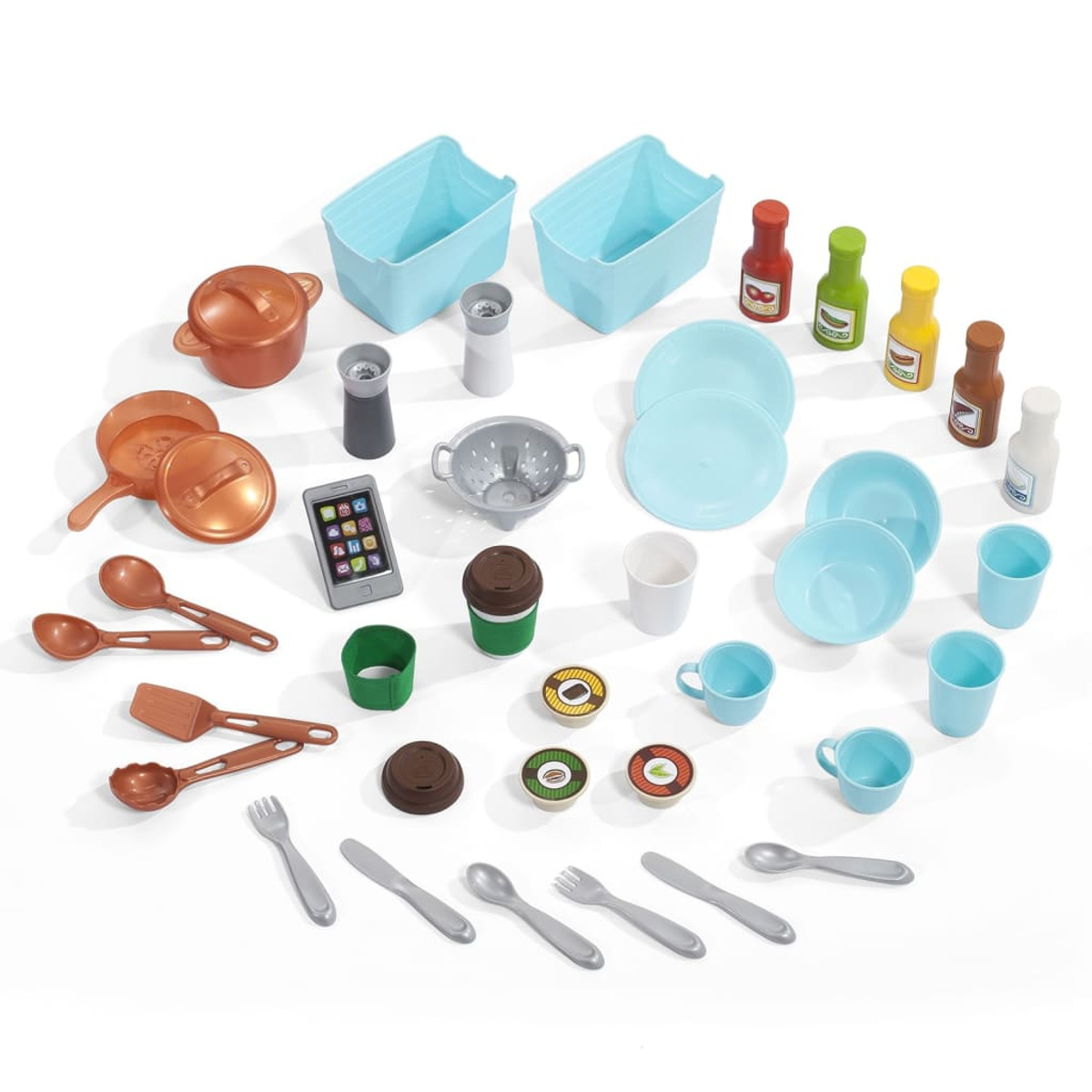 Componenti del set da cucina giocattolo: pentole, piatti, tazze, posate, bottiglie, contenitori per alimenti e un telefono.