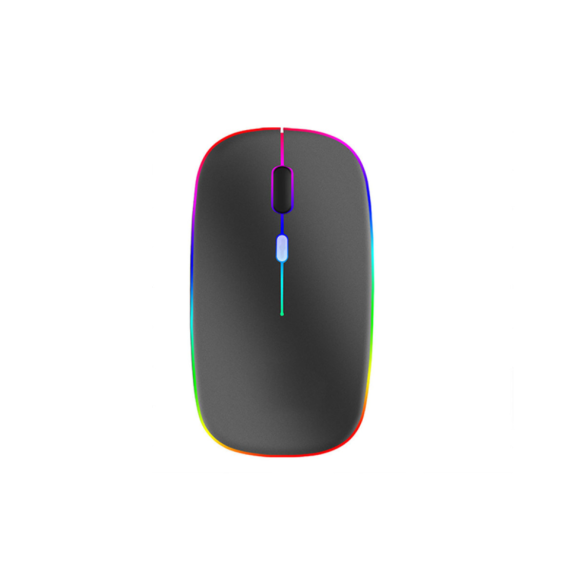 Czarna mysz bezprzewodowa z diodami RGB na krawędzi na białej powierzchni.