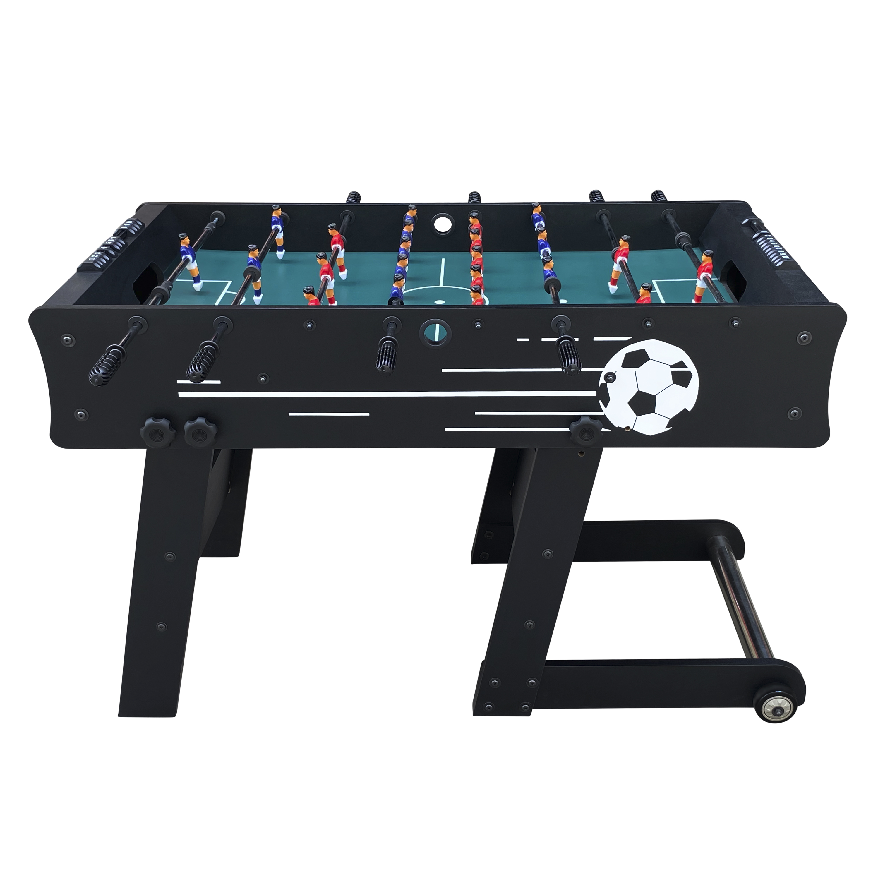 Tischfußballtisch. Er ist schwarz, das Spielfeld grün. Der Ball ist weiß.