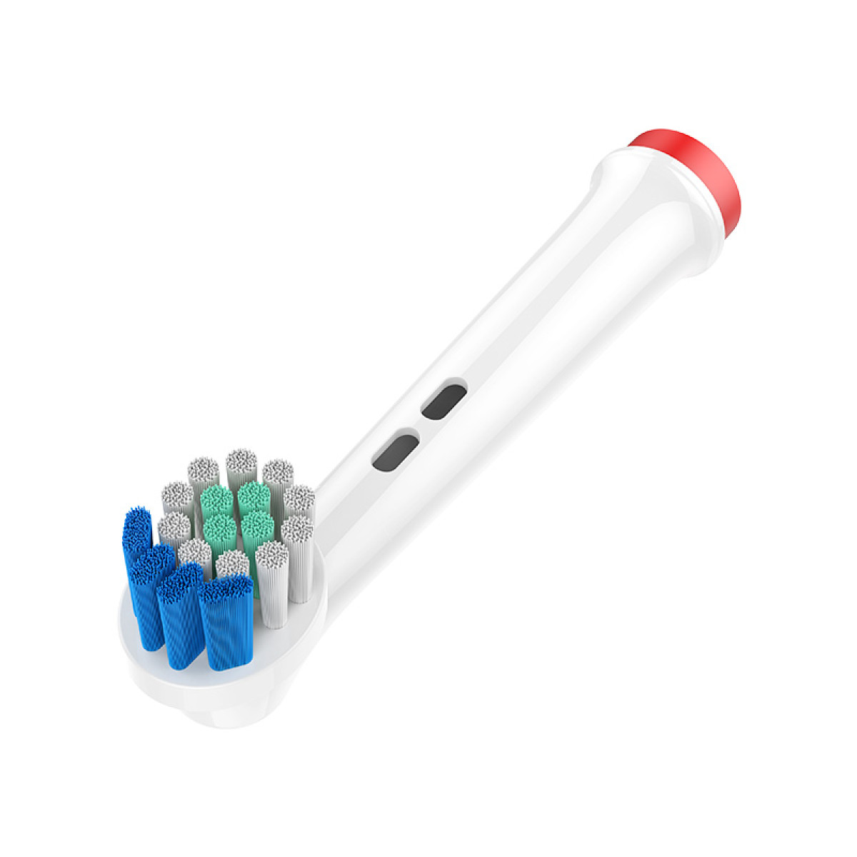 Główka szczoteczki elektrycznej. Biała z niebieskim, zielonym i białym włosiem. Czerwona góra. Białe tło.