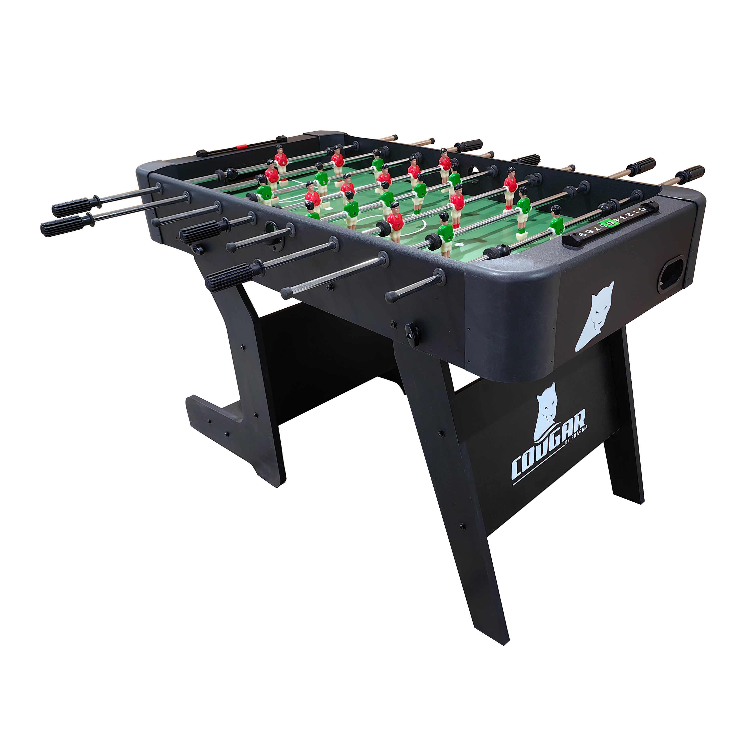 Tischfußballtisch mit Spielern in Rot und Grün. Schwarzer Tisch mit weißem Logo und grünem Spielfeld.