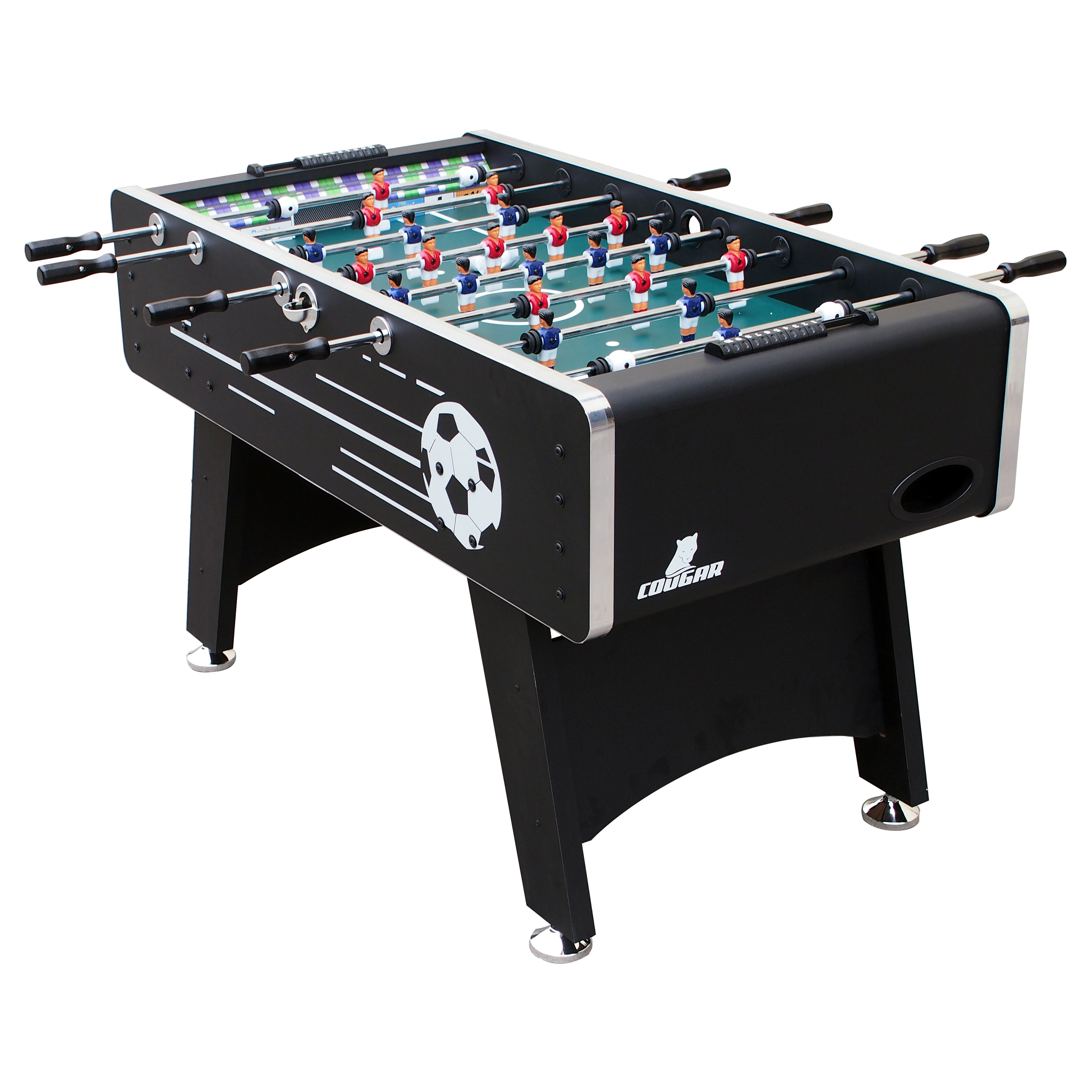 Schwarzer Kickertisch mit Spielern, einem grünen Spielfeld und einem weißen Fußball.