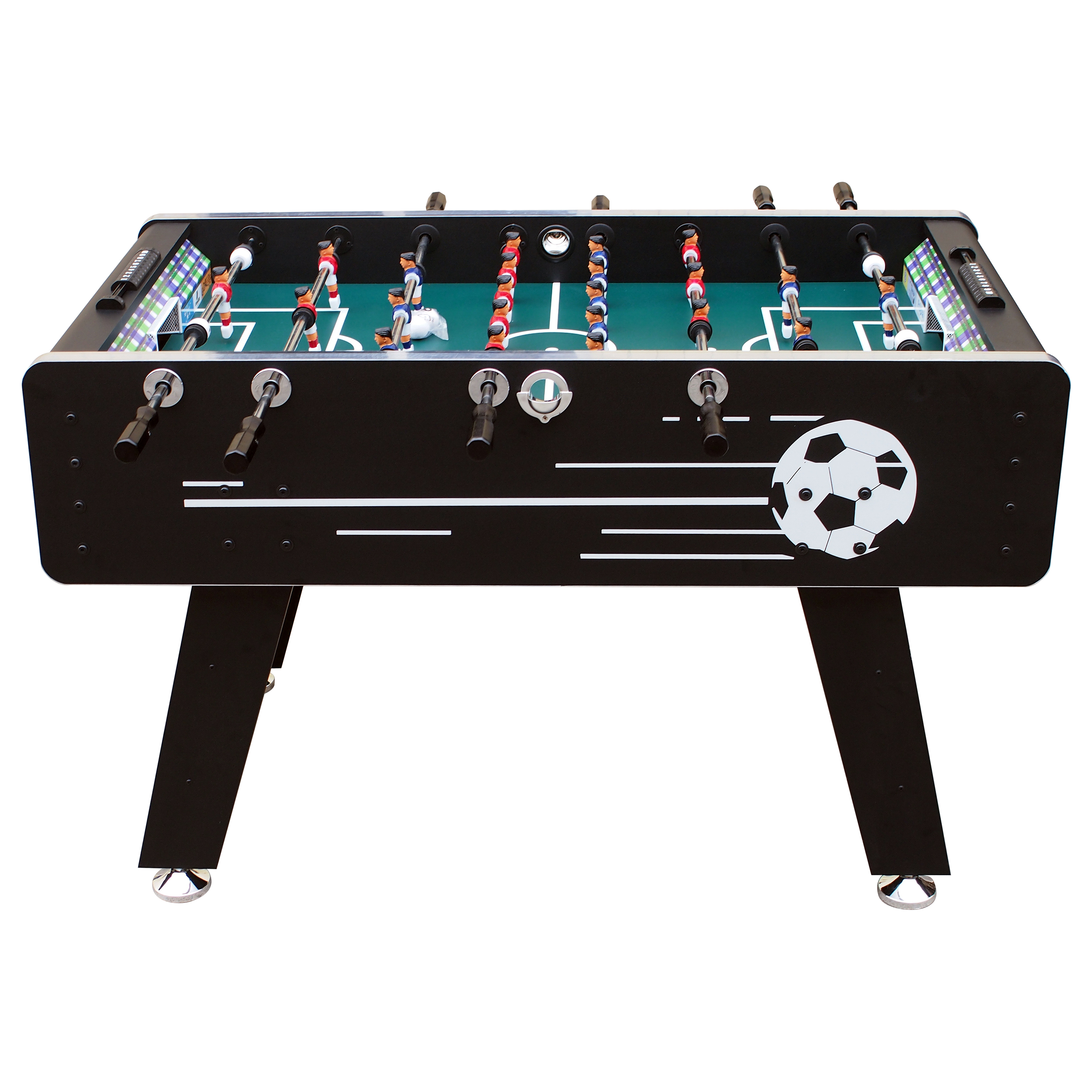 Ein schwarzer Tischfußballtisch mit Spielern und einem Fußball-Design. Der Tisch hat schwarze Beine.