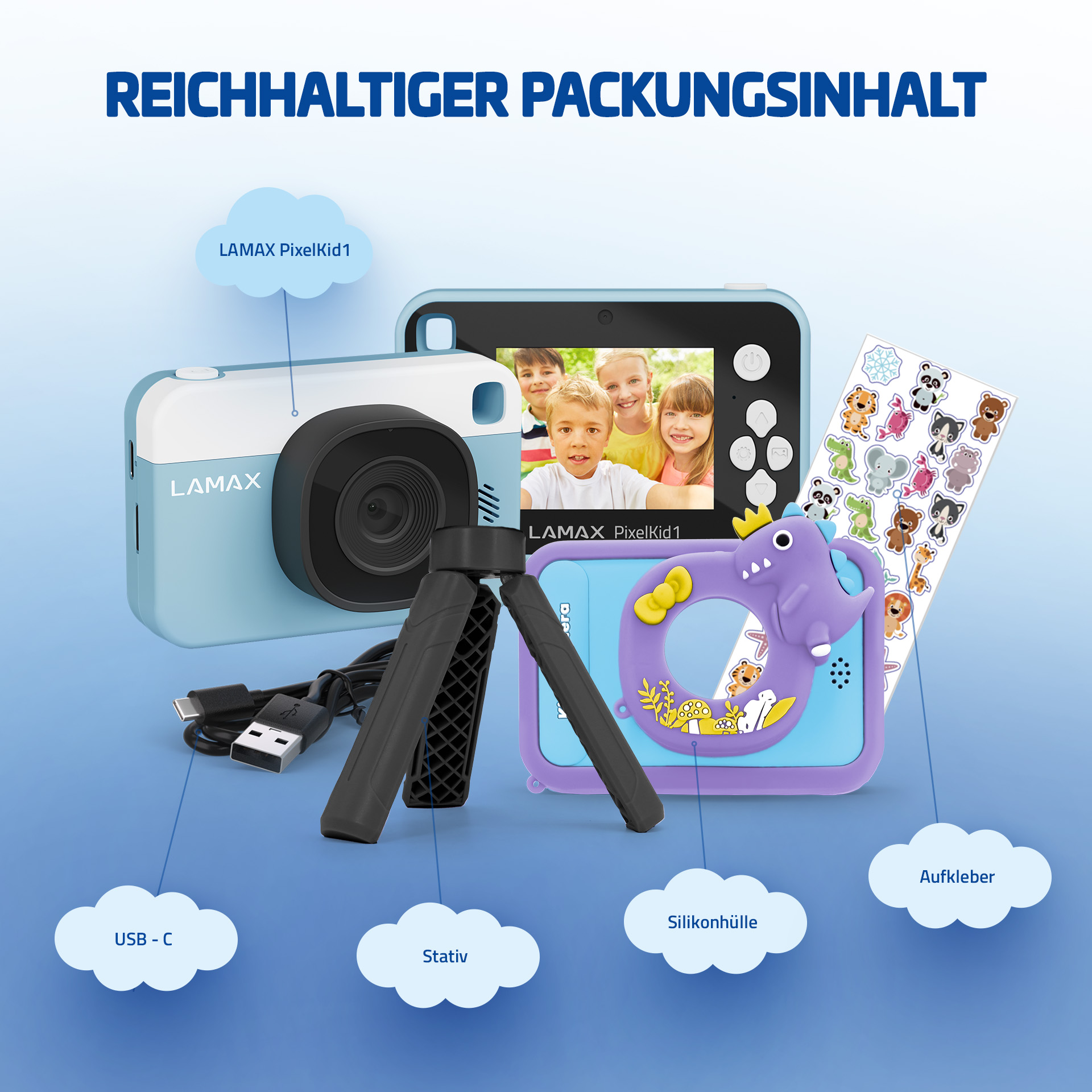 Eine blaue und eine lila Kinderkamera mit Zubehör und Textbeschriftungen auf weißem Hintergrund.