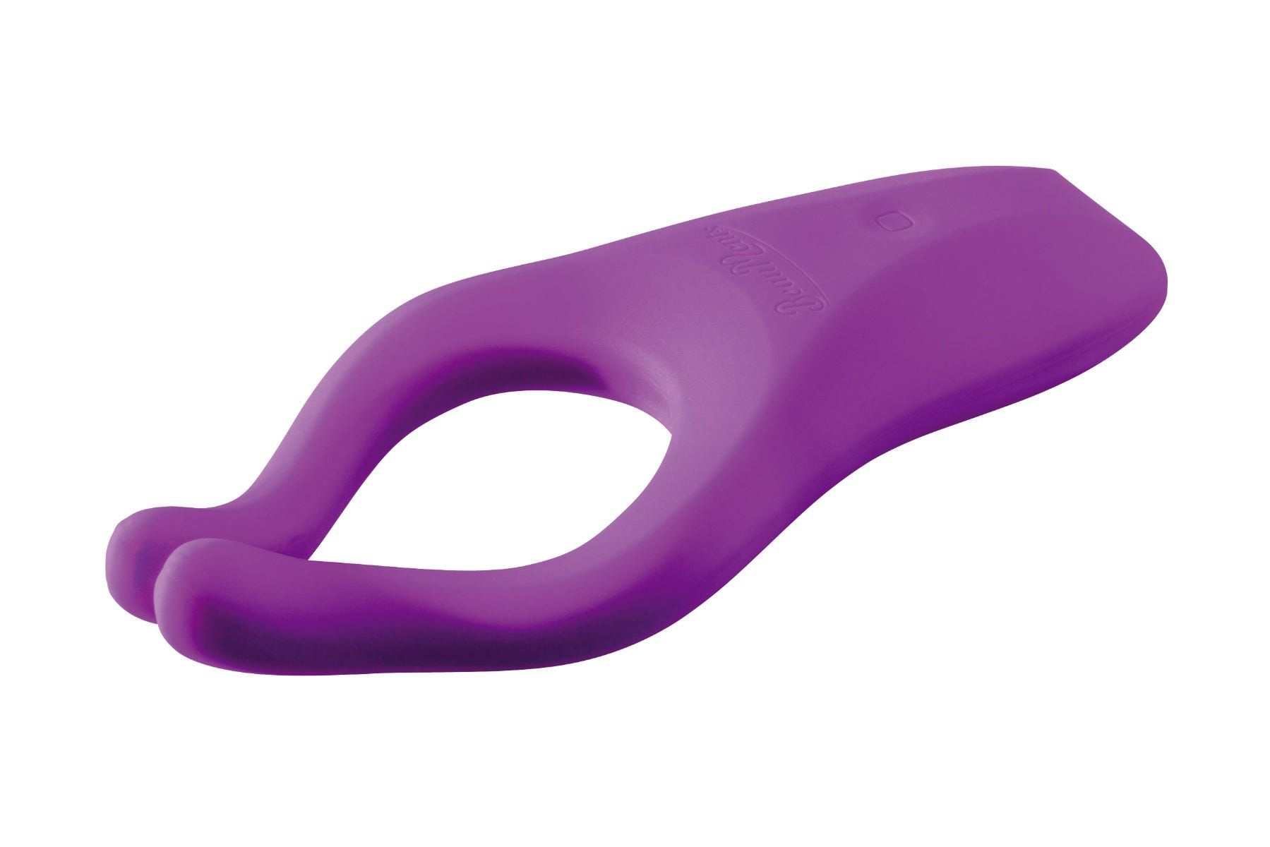 Lila Vibrator mit Schlaufe und zwei gebogenen Zinken. Isoliert auf weißem Hintergrund. Sexspielzeug.