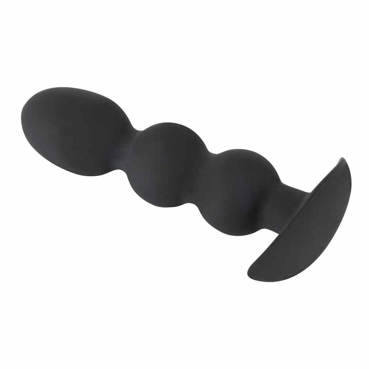 Ein schwarzes Sexspielzeug mit drei Erhebungen und einem gebogenen Sockel auf weißem Hintergrund.