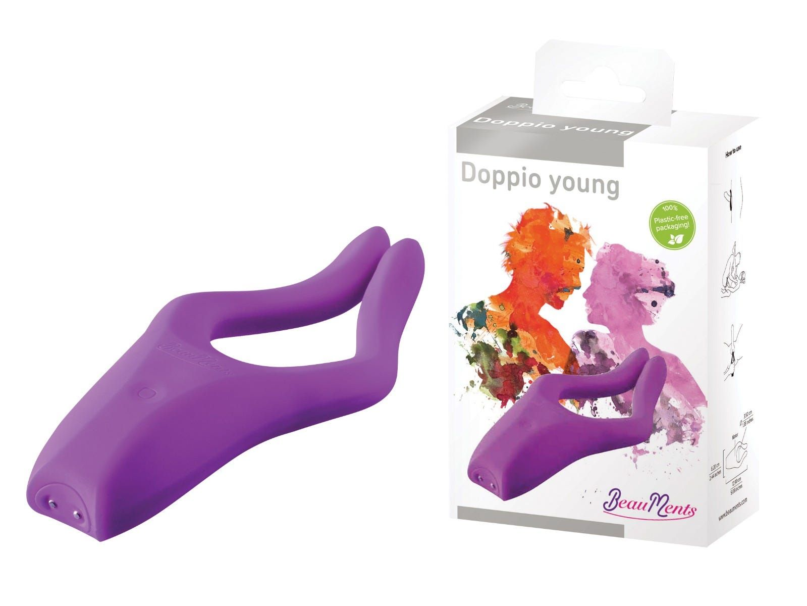 Ein lila Sexspielzeug und seine Verpackung mit einer Illustration von zwei Personen.