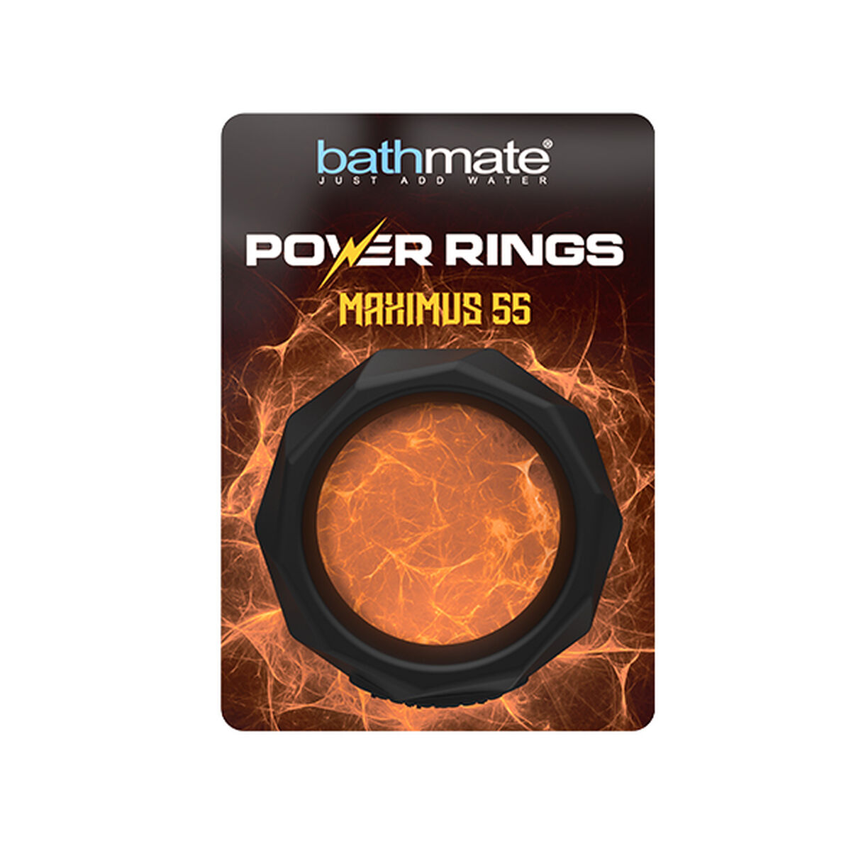 Verpackung eines schwarzen Power-Rings, beschriftet mit "POWER RINGS MAXIMUS 55" mit feurigem Hintergrund.