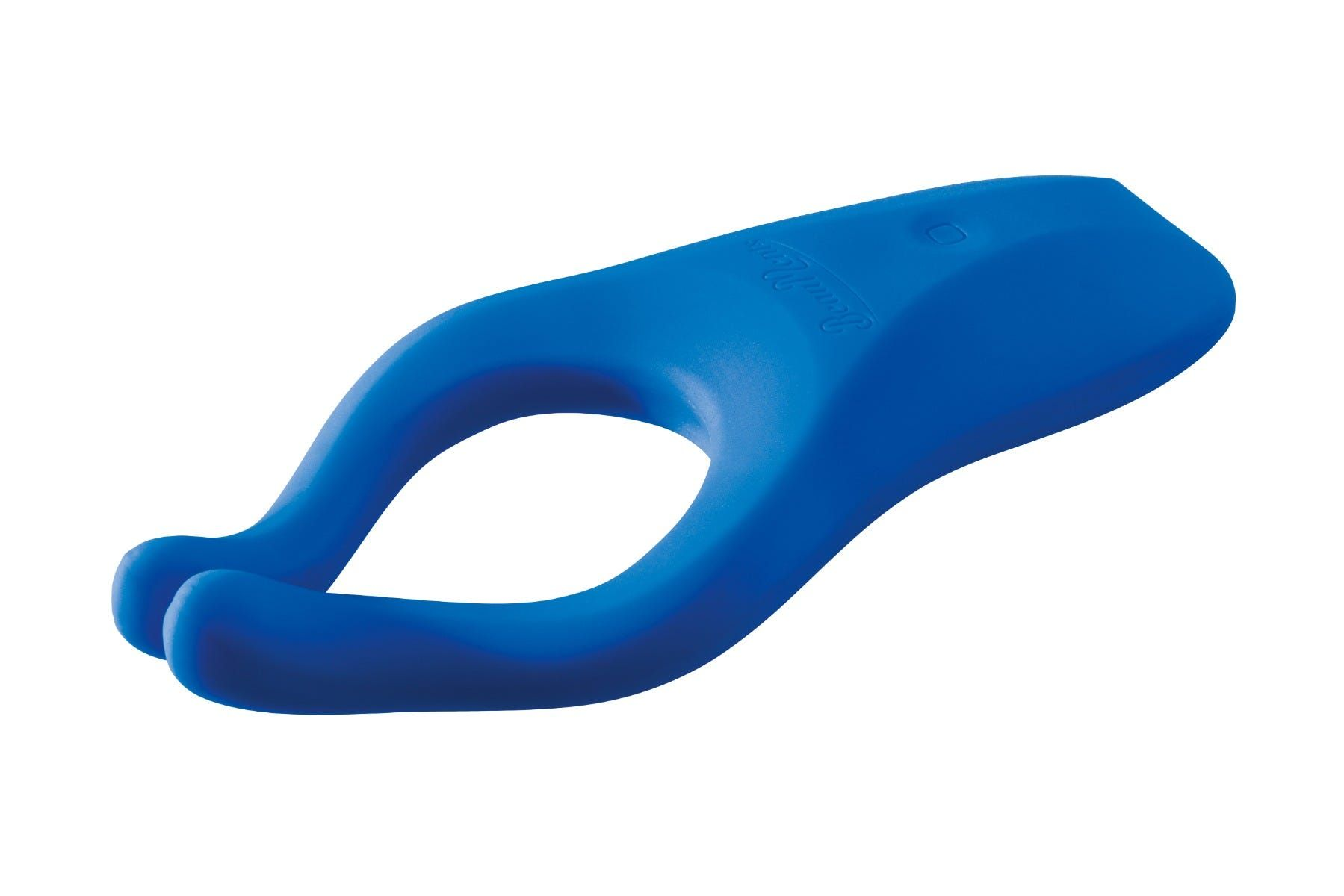 Ein blauer Handmassagegerät. Es hat ein geschwungenes Design und passt zwischen Finger und Handfläche.