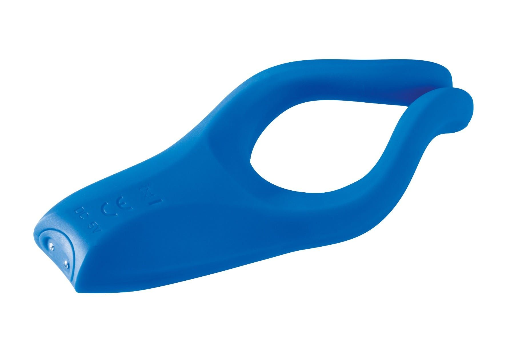 Blauer Silikon-Cockring mit zwei erhabenen Noppen und einem abgerundeten Ende, auf weißem Hintergrund.