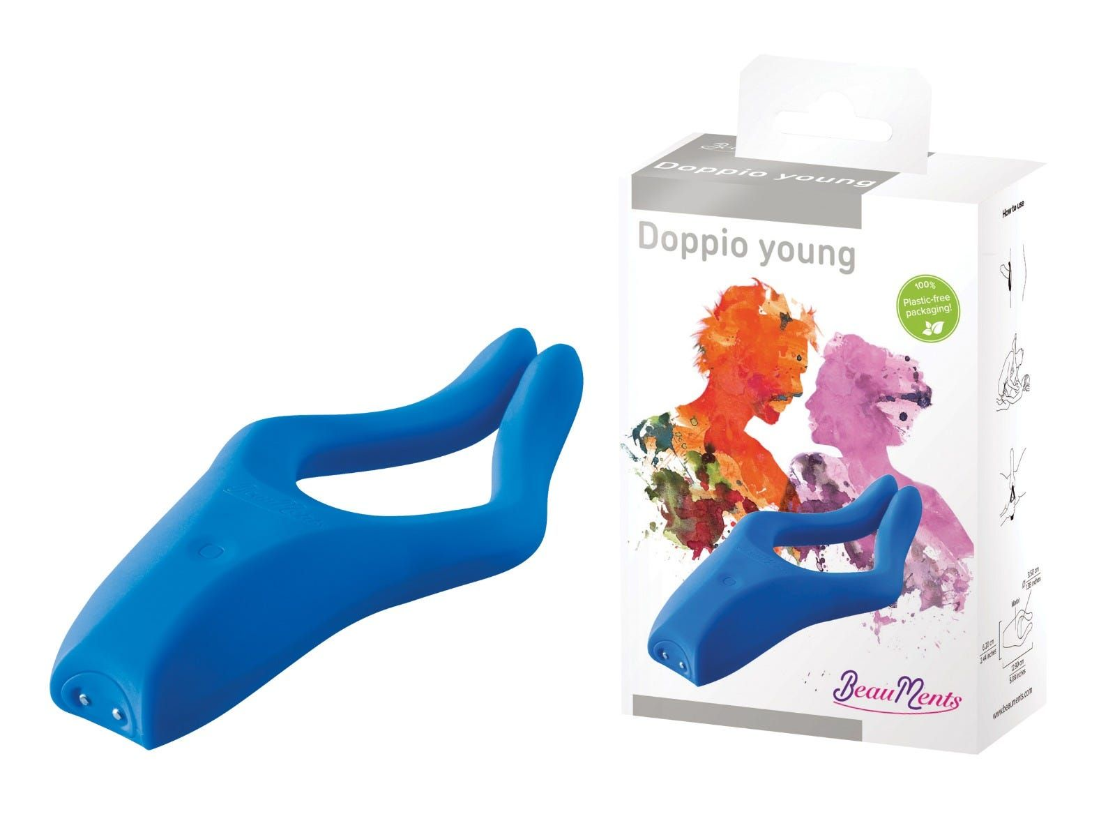 Blaues Sexspielzeug mit Griff und Schachtel. Die Schachtel hat zwei bunte Silhouetten.