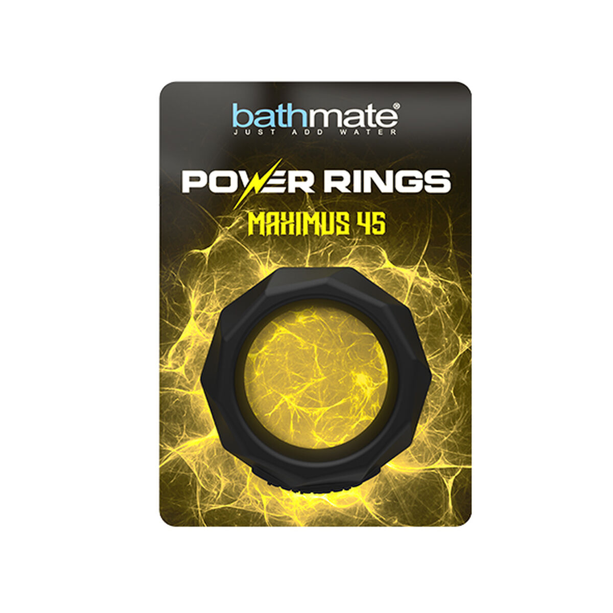 Schwarze und gelbe Bathmate Power Rings-Verpackung mit einem ringförmigen Produkt.