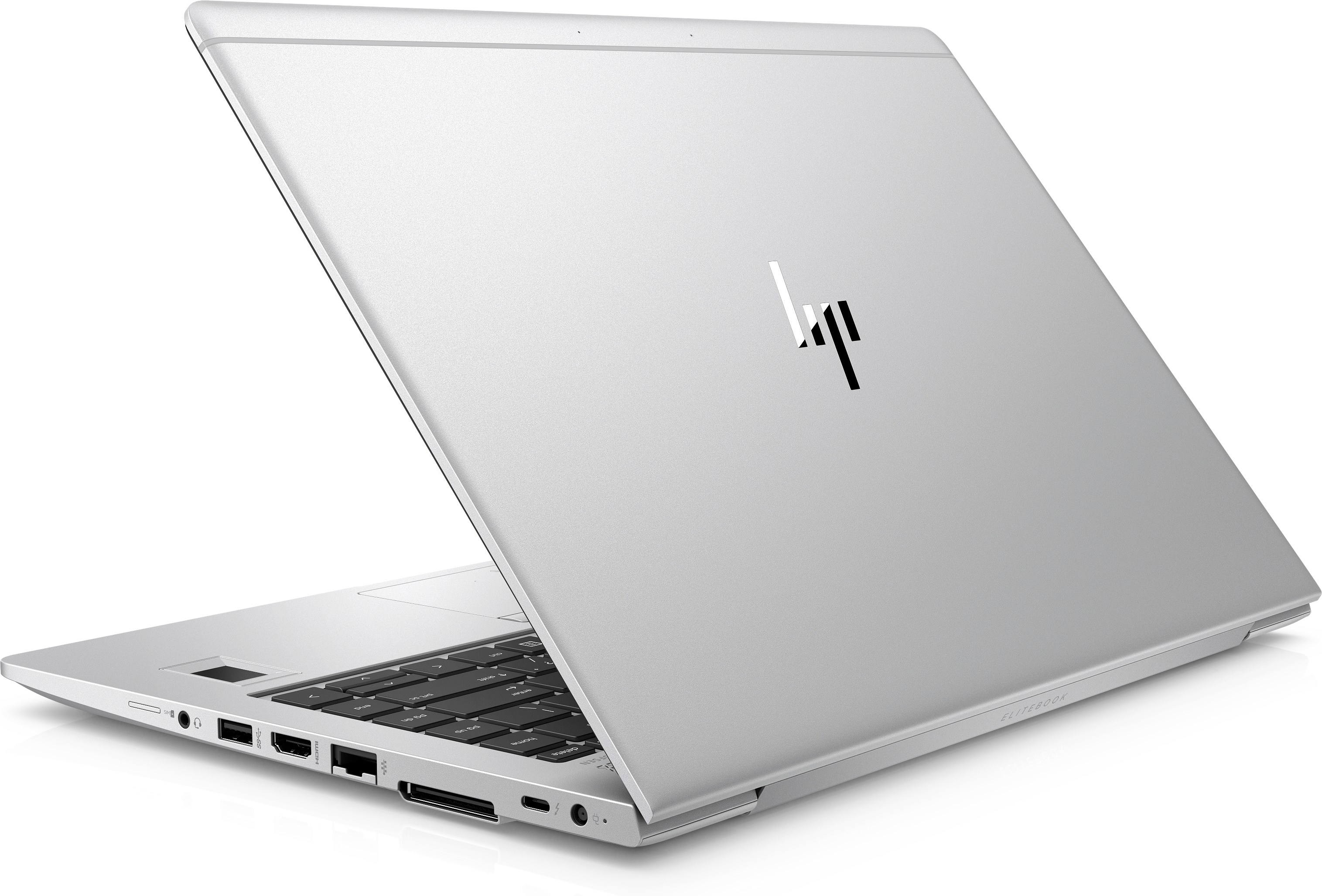 Silberner Laptop mit geöffneter Rückseite, Tastatur sichtbar. Das HP-Logo ist sichtbar. Vor weißem Hintergrund.