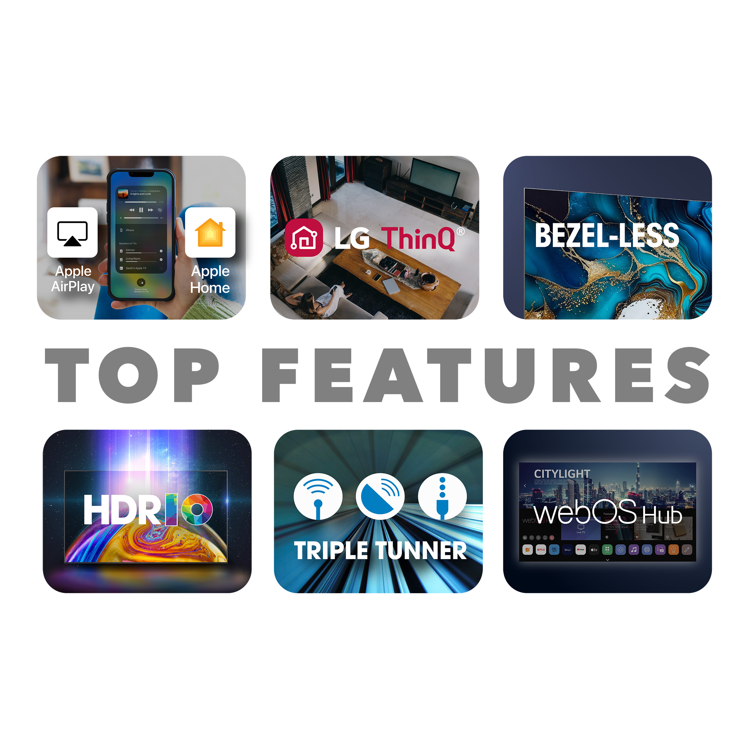 Najważniejsze funkcje, sześć małych ekranów: Apple AirPlay, Apple Home, LG ThinQ, Bezel-less, HDR10, Triple Tuner.