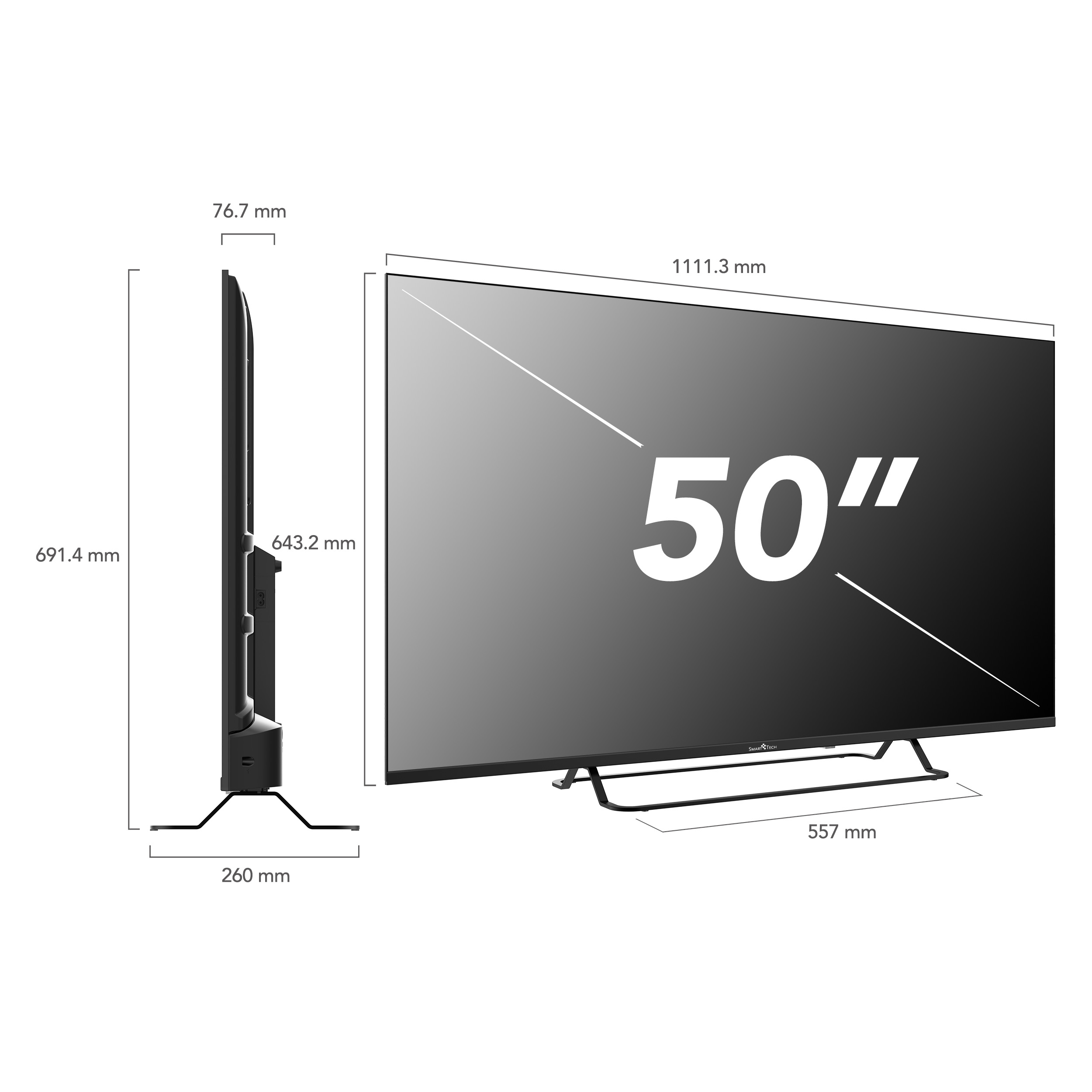 50-calowy telewizor z wymiarami. Widok z boku pokazuje grubość. Czarna ramka ze stojakiem.