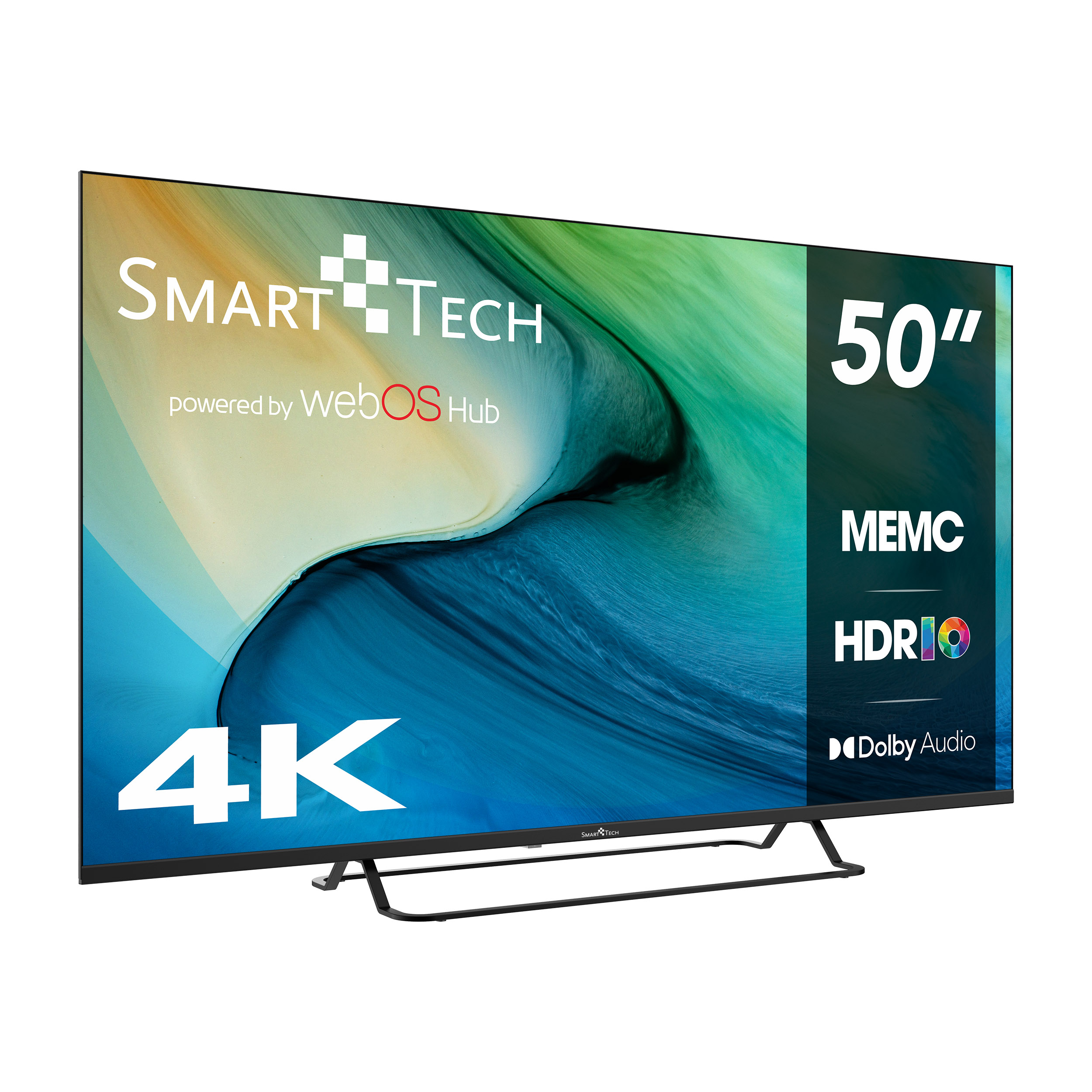 50" Smart Tech 4K TV. Posiada MEMC, HDR i Dolby Audio. Biały tekst na czarnym ekranie.