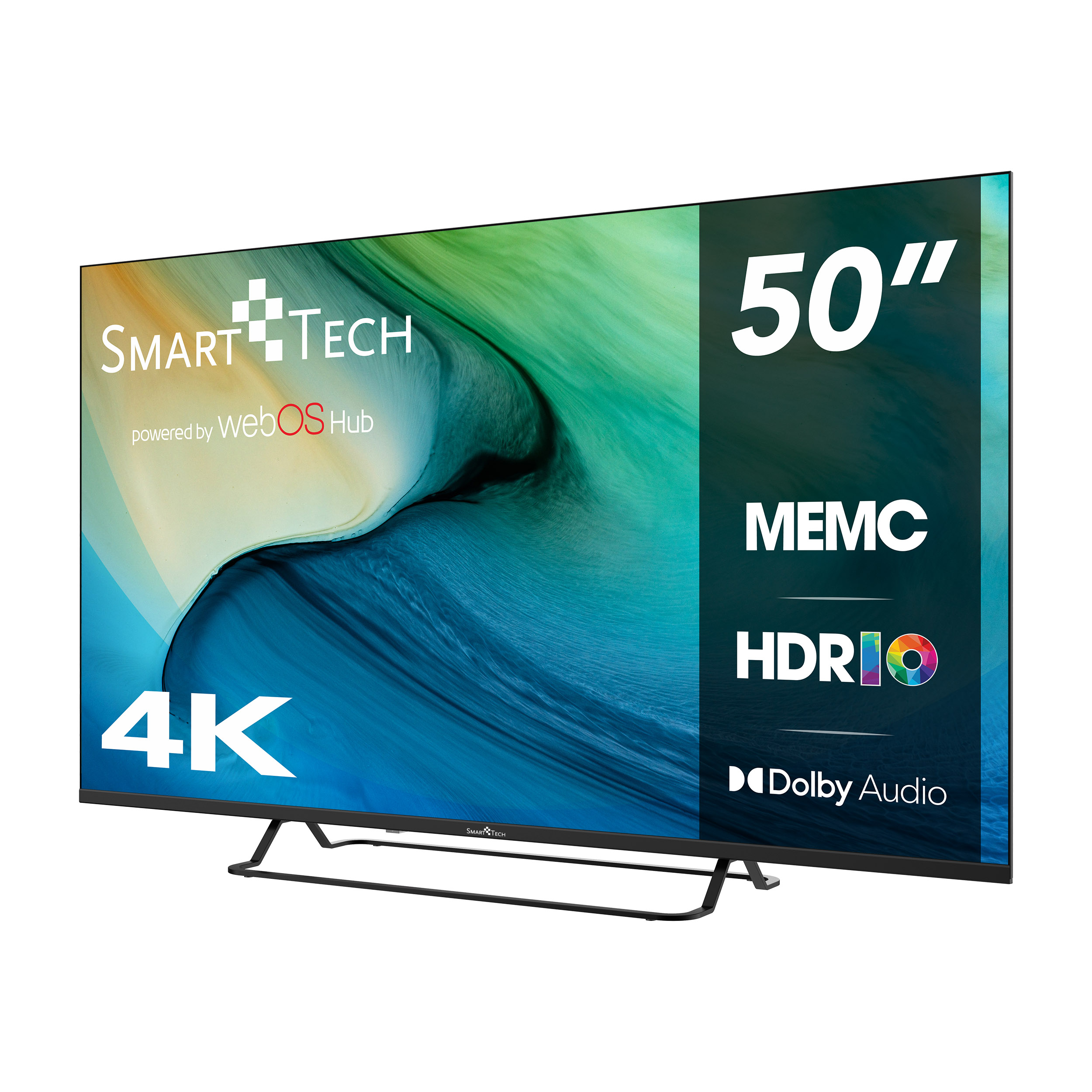 50-calowy telewizor Smart Tech 4K z MEMC, HDR10 i Dolby Audio. Czarna ramka, białe tło.