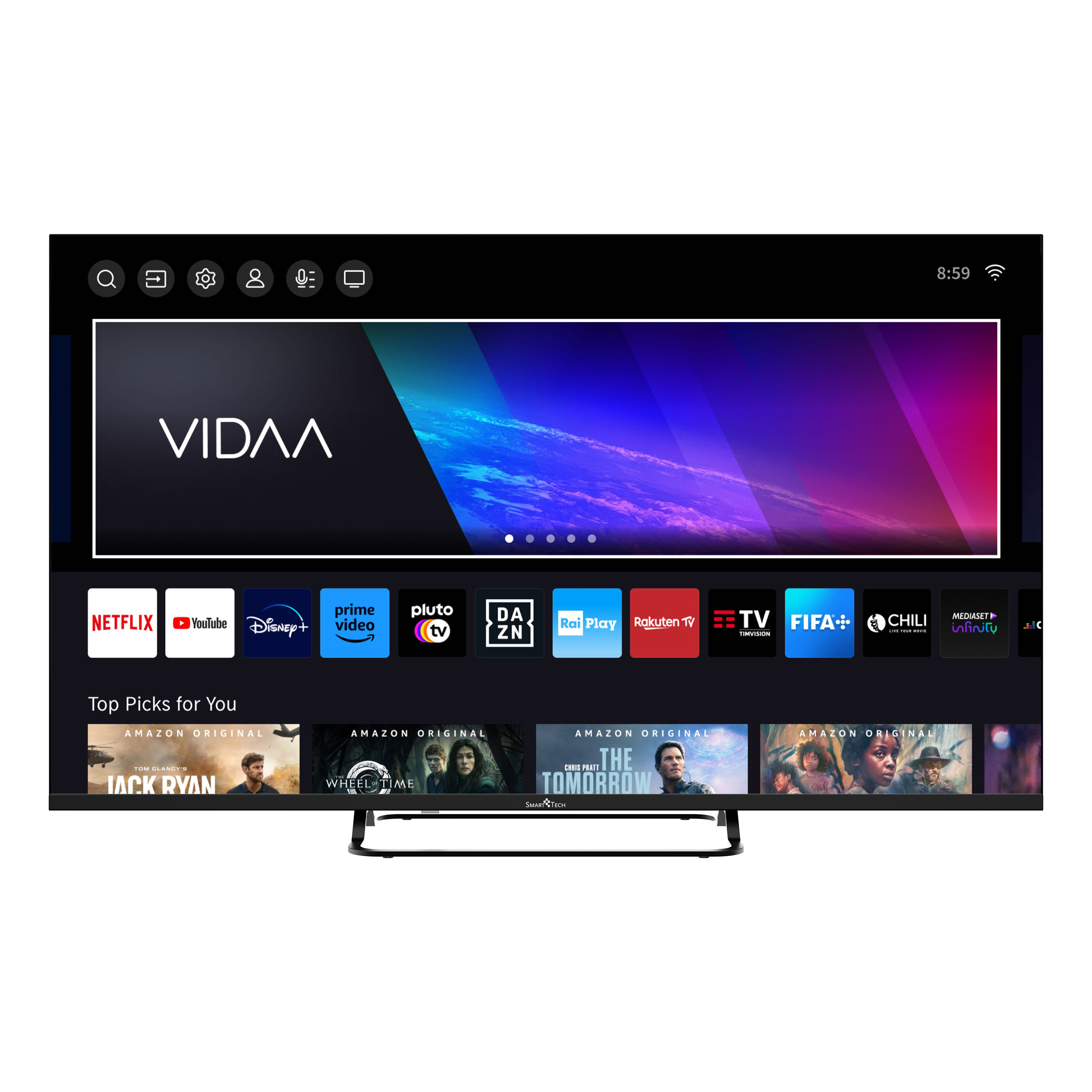 Televisor negro con logotipos de servicios de streaming. Pantalla muestra un diseño abstracto colorido.