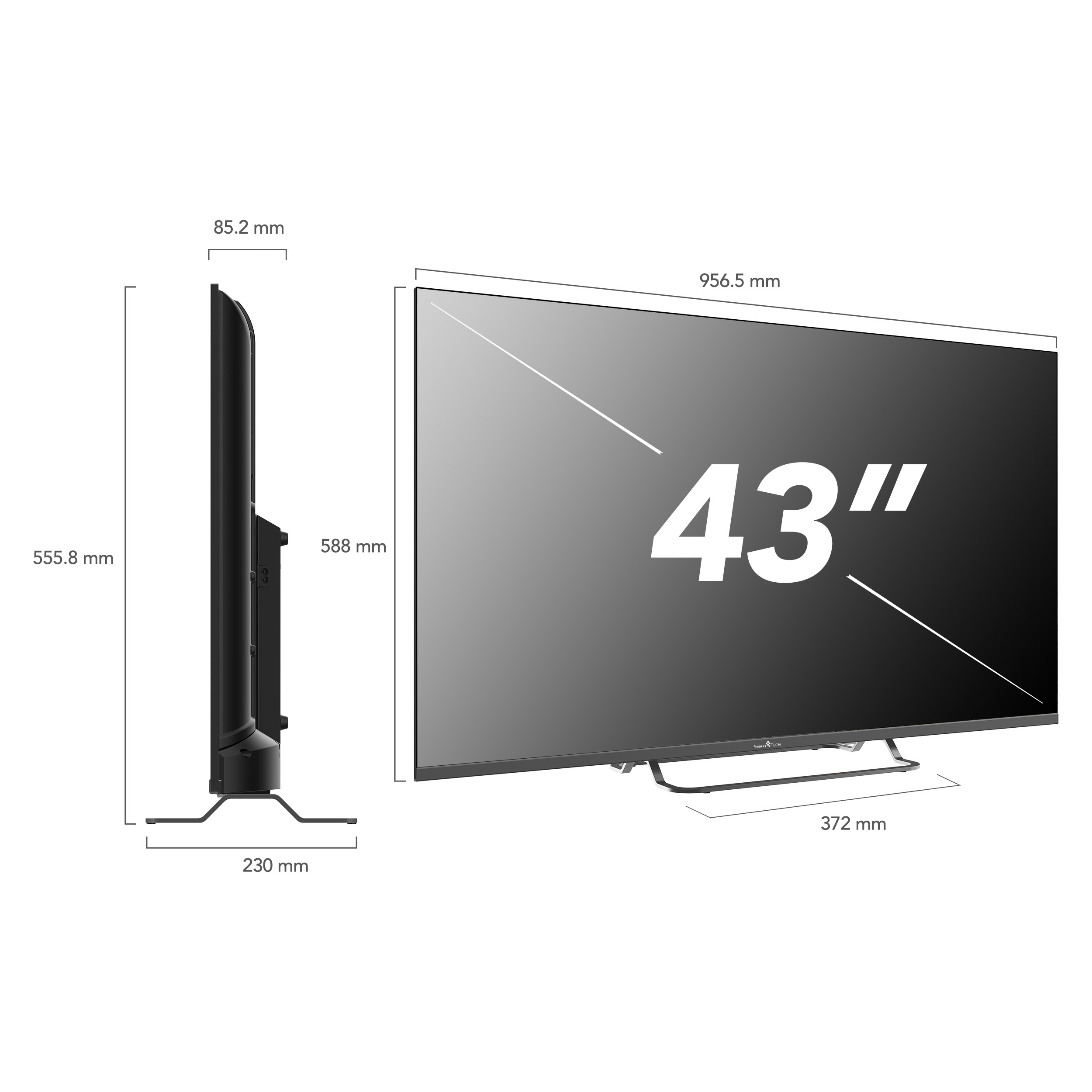 TV de 43" con dimensiones indicadas. Pantalla negra, marco negro y soporte negro. Se proporcionan las medidas.